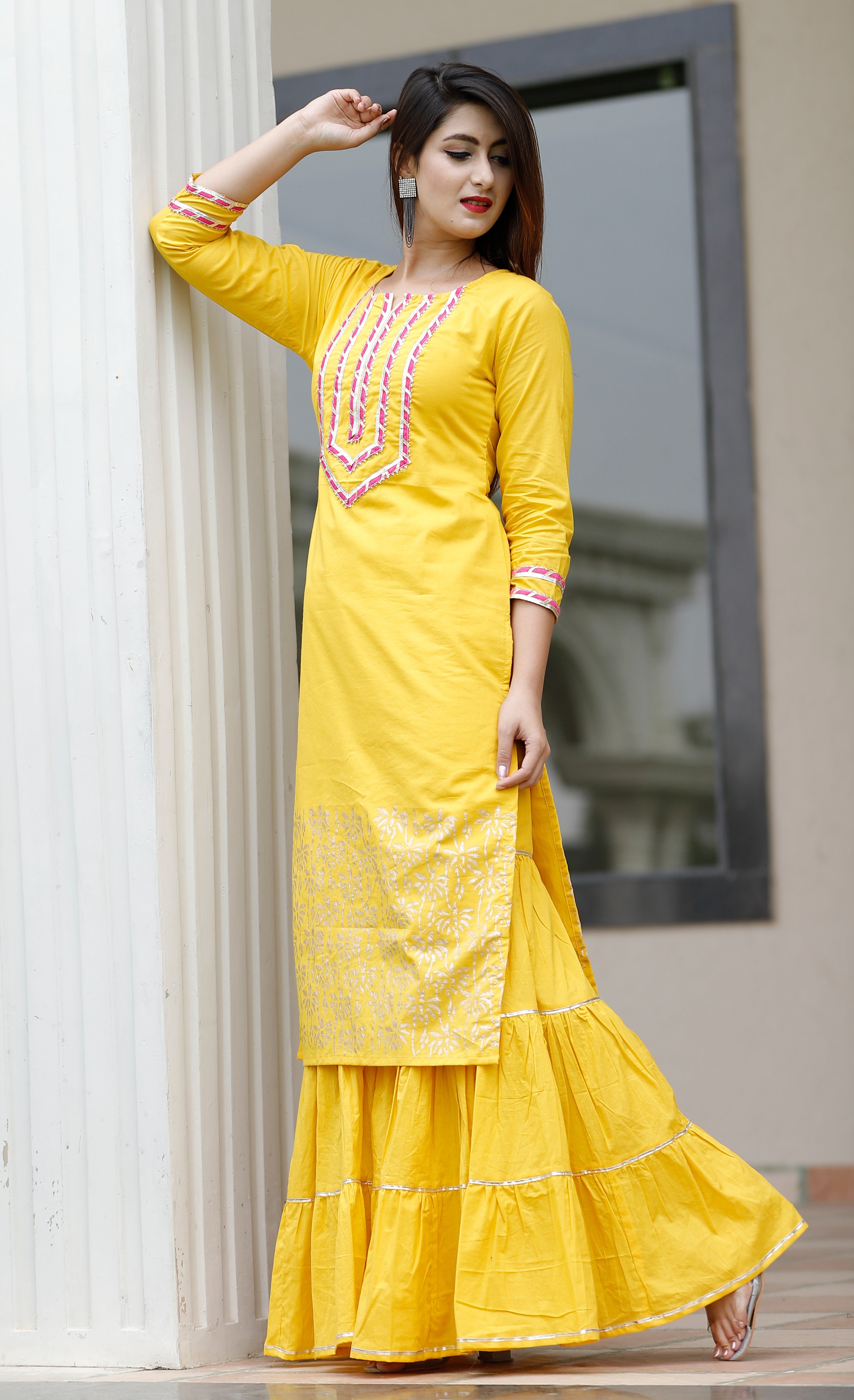 Women's Yellow Hand Block Kurta Sharara Set - Geeta Fashion