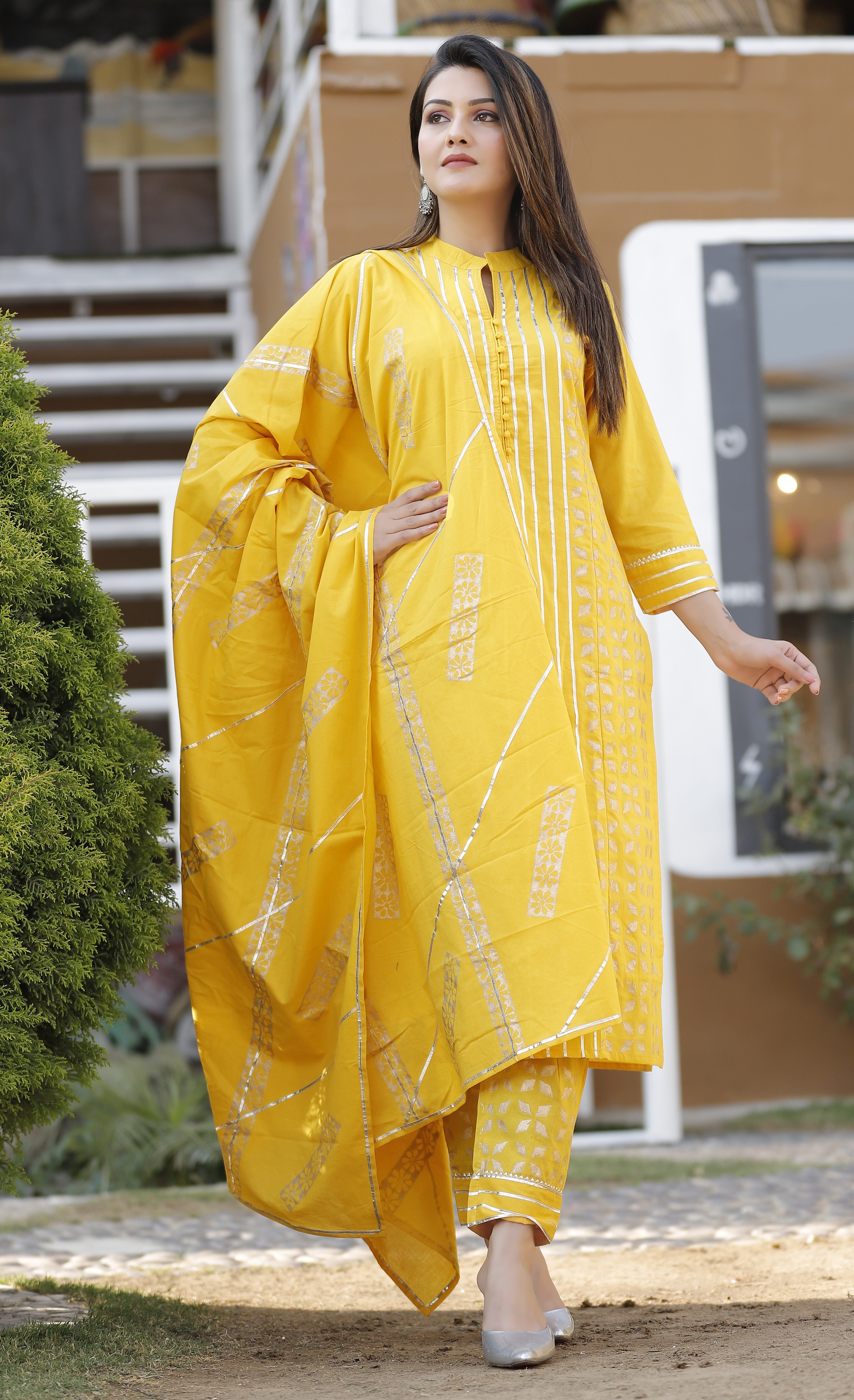 Women's Mustard Gota Patti Kurta Pant Set - Geeta Fashion