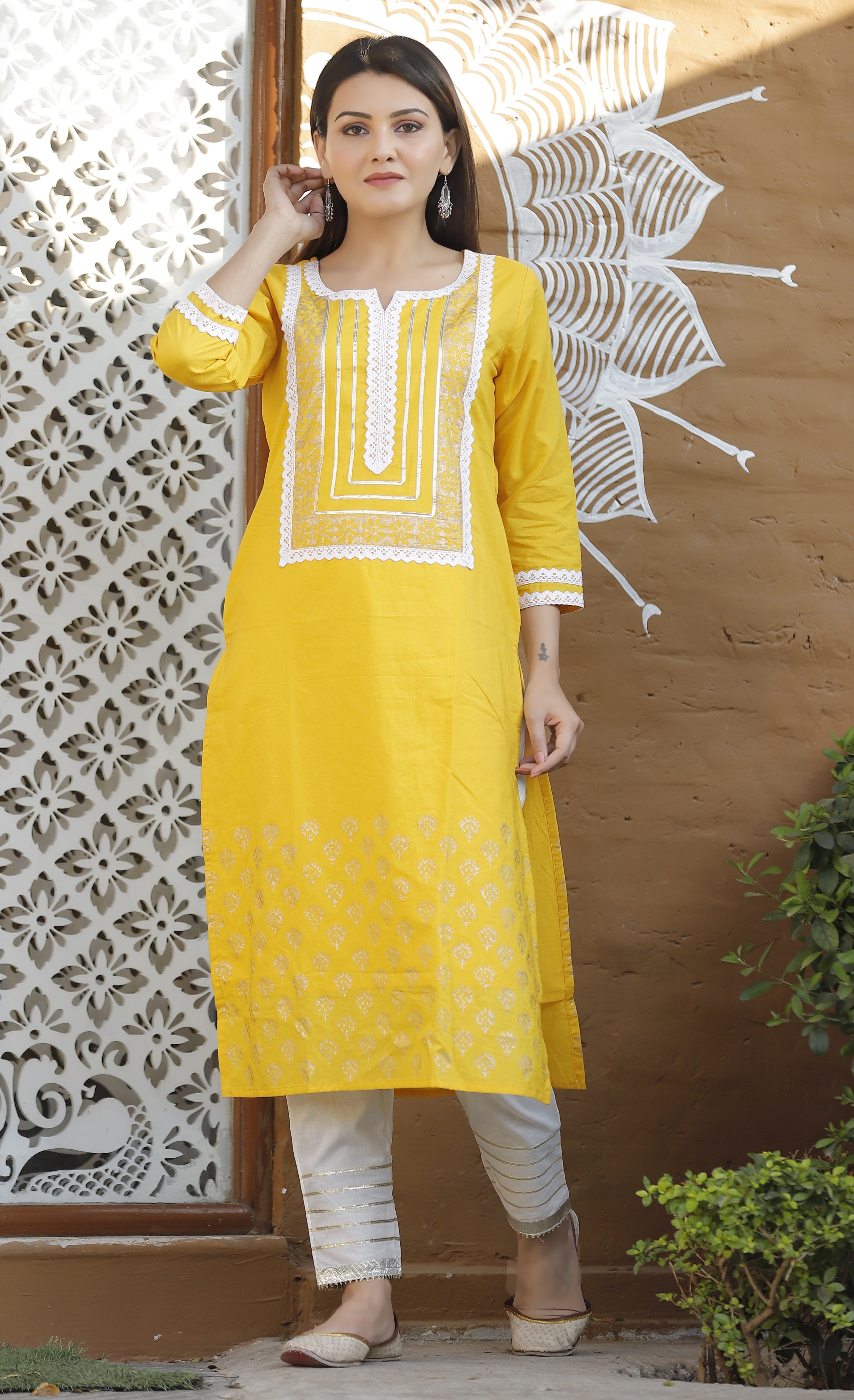 Women's Mustard And White Gota Patti Kurta Pant Set - Geeta Fashion