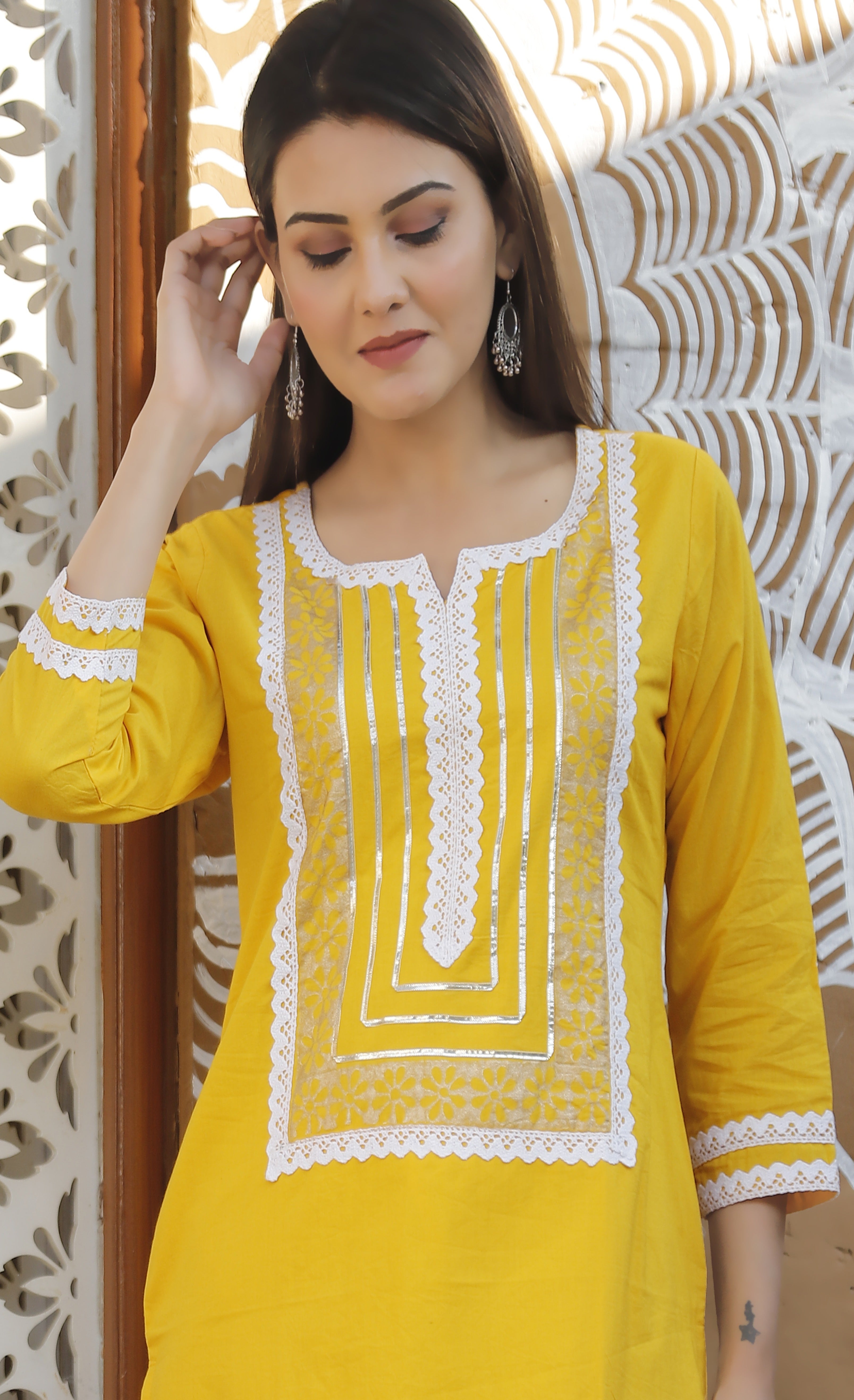 Women's Mustard And White Gota Patti Kurta Pant Set - Geeta Fashion