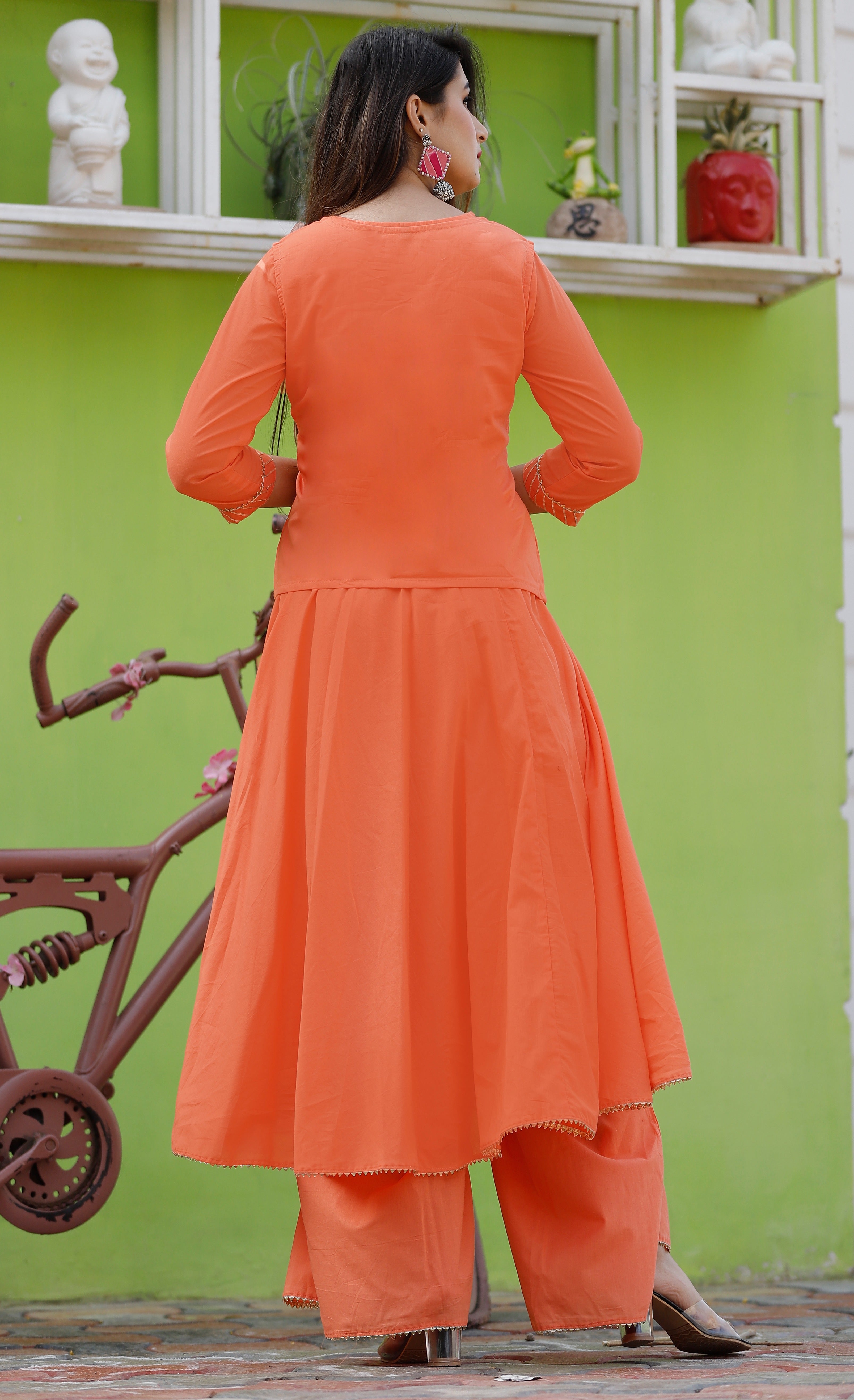 Women's Orange Solid Anarkali Set With Jacket - Geeta Fashion