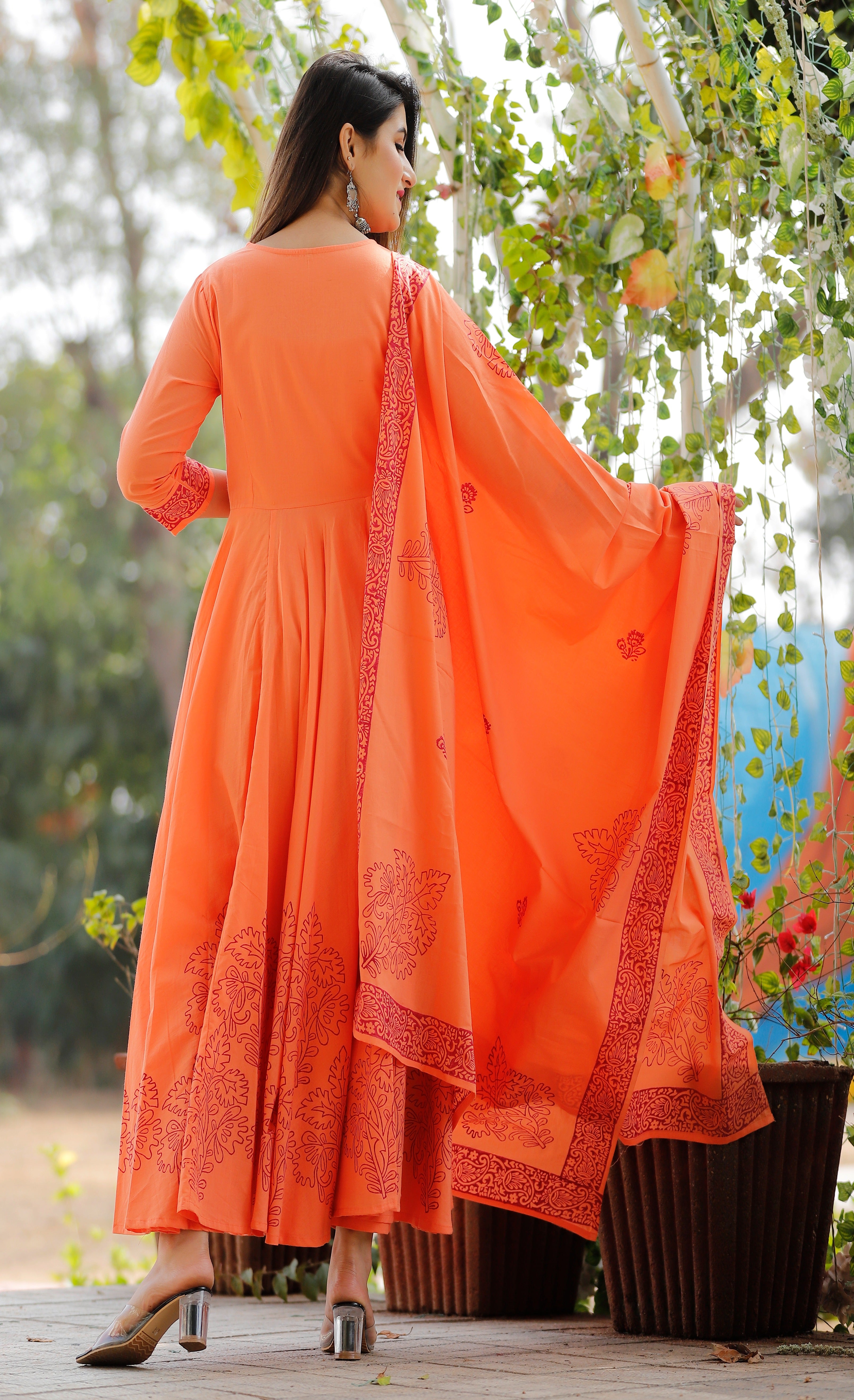 Women's Orange Hand Block Kurta Pant Set - Geeta Fashion