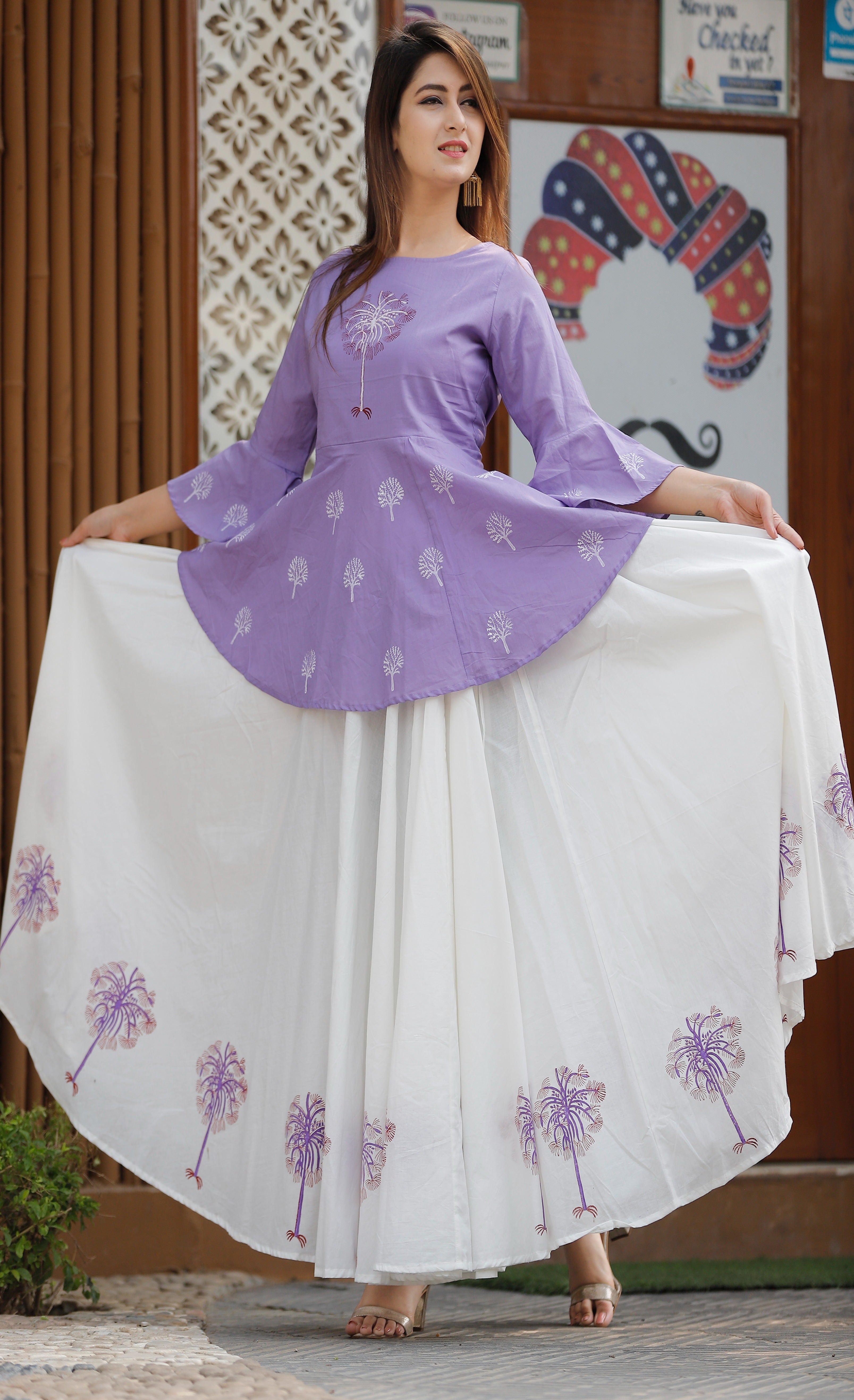 Women's Purple Peplum Kurta And Lehenga Set - Geeta Fashion