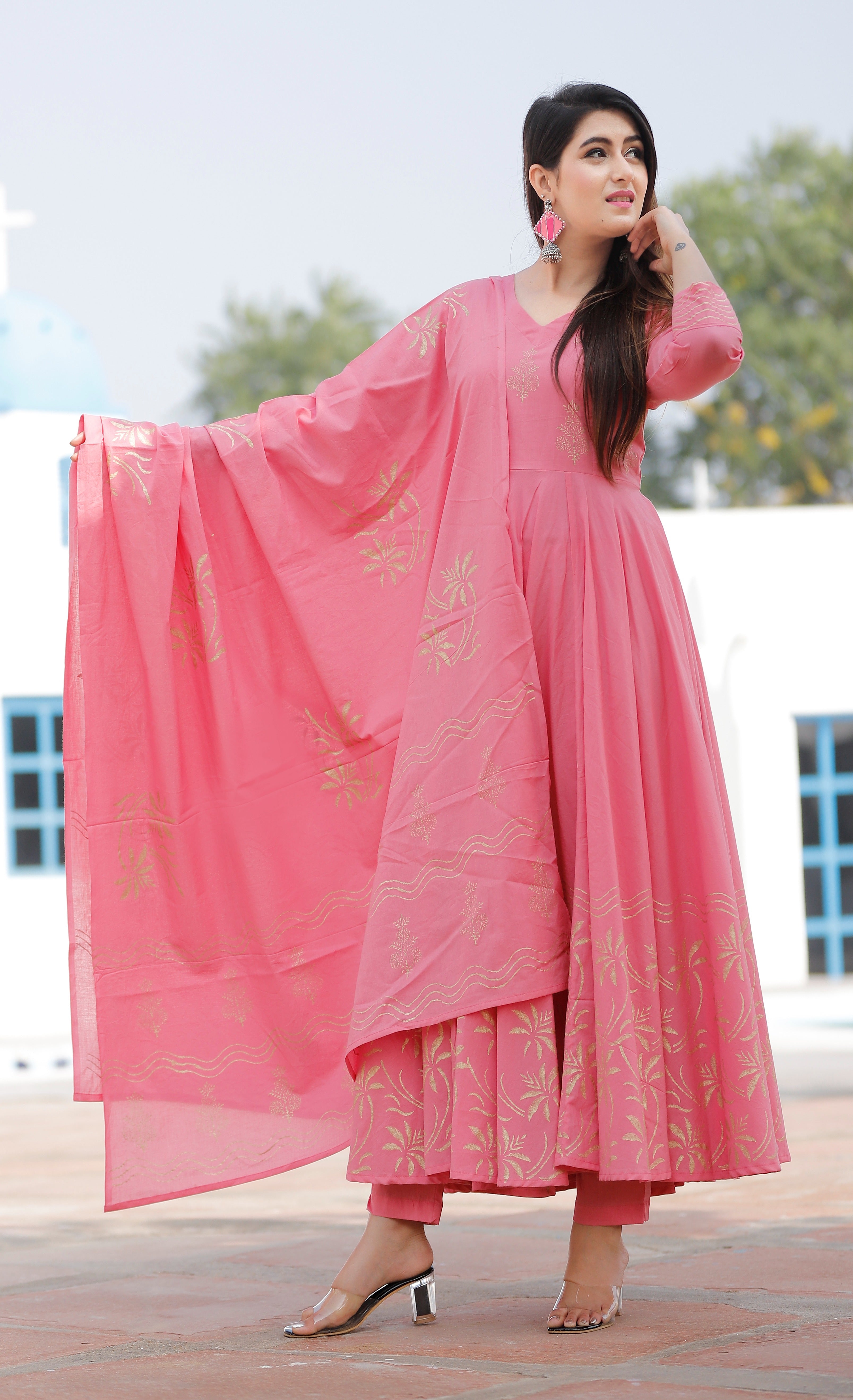 Women's Pink Hand Block Kurta Pant Set - Geeta Fashion
