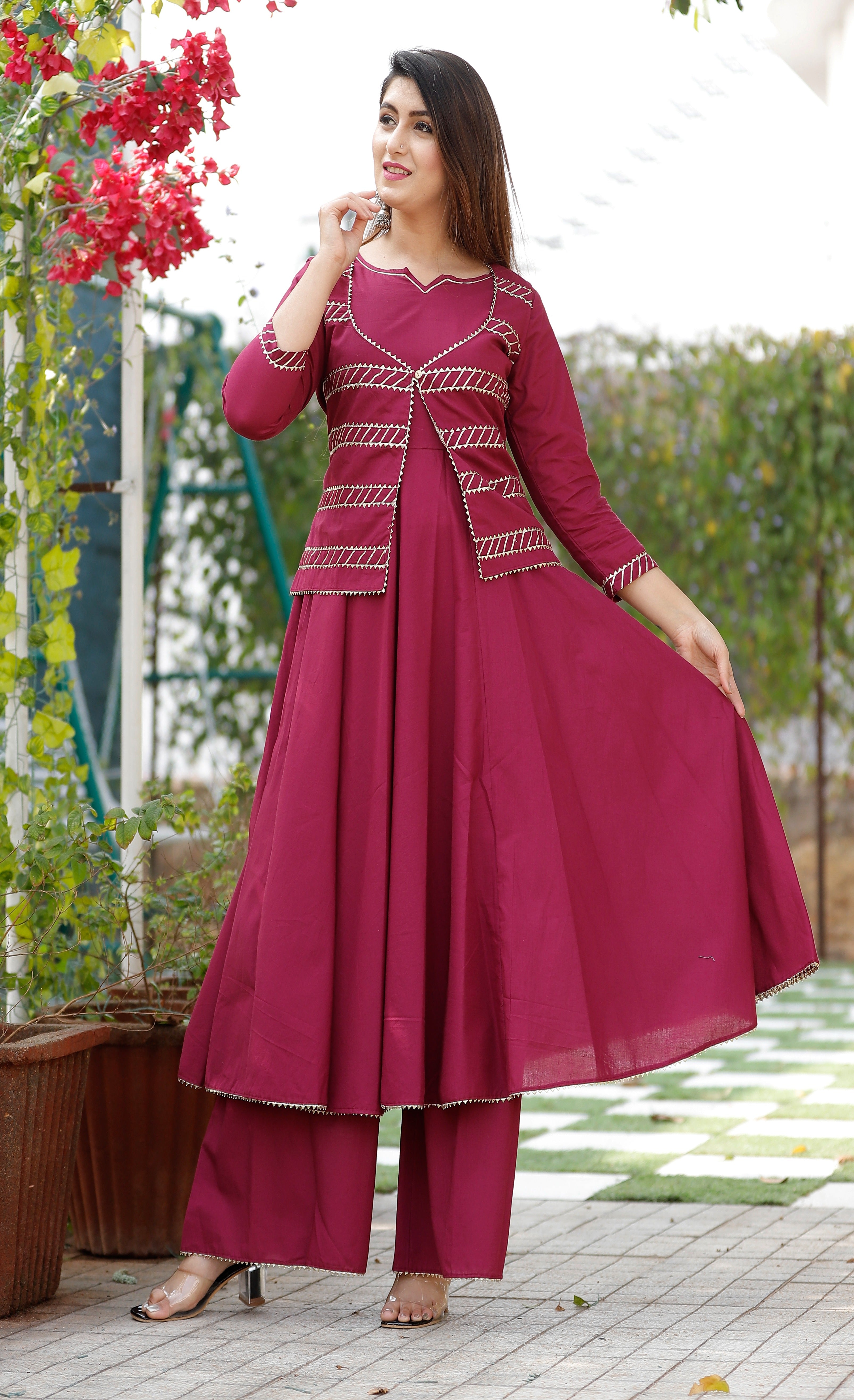 Women's Purple Solid Anarkali Set With Jacket - Geeta Fashion
