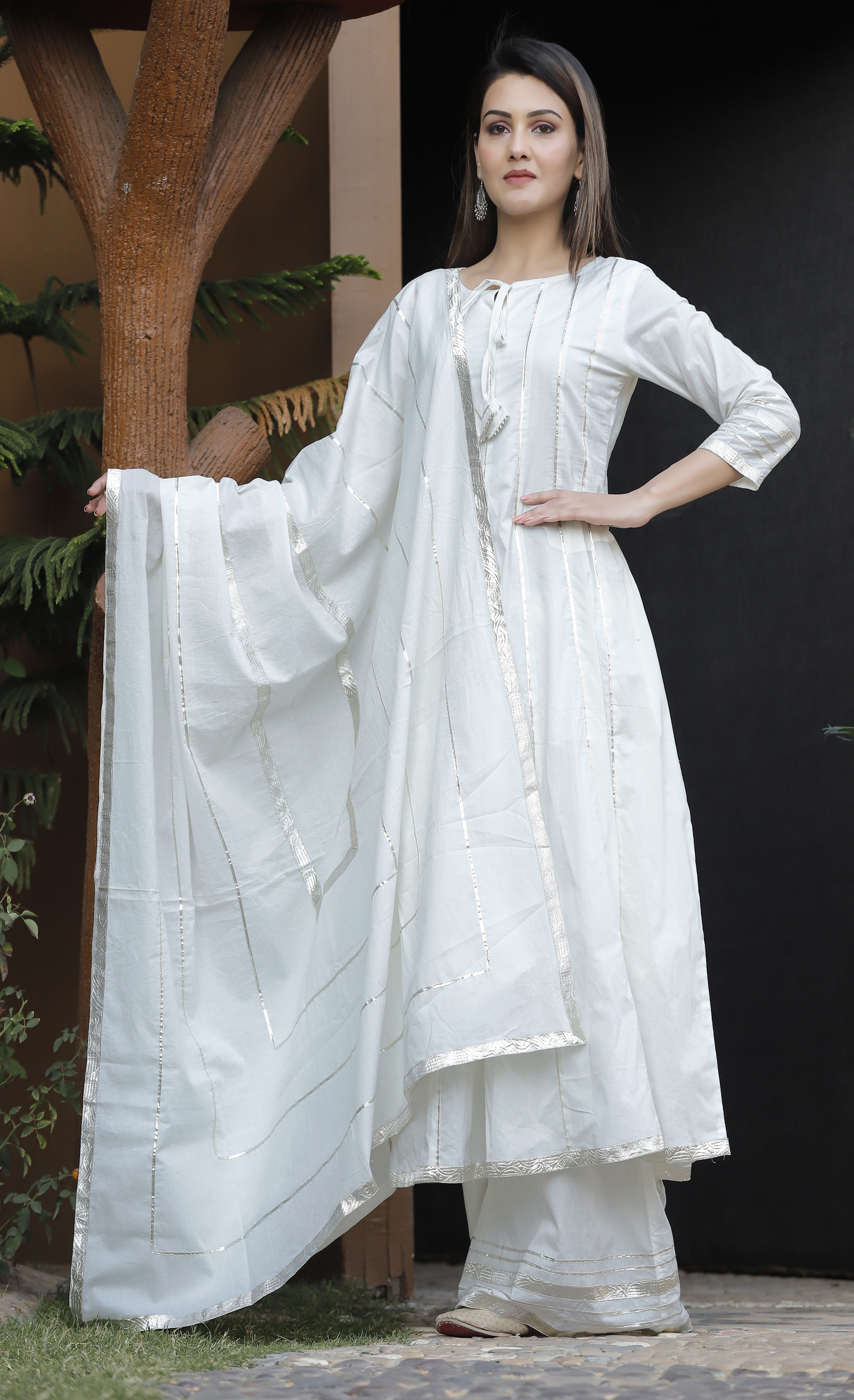 Women's White Gota Patti Anarkali Palazzo Set - Geeta Fashion