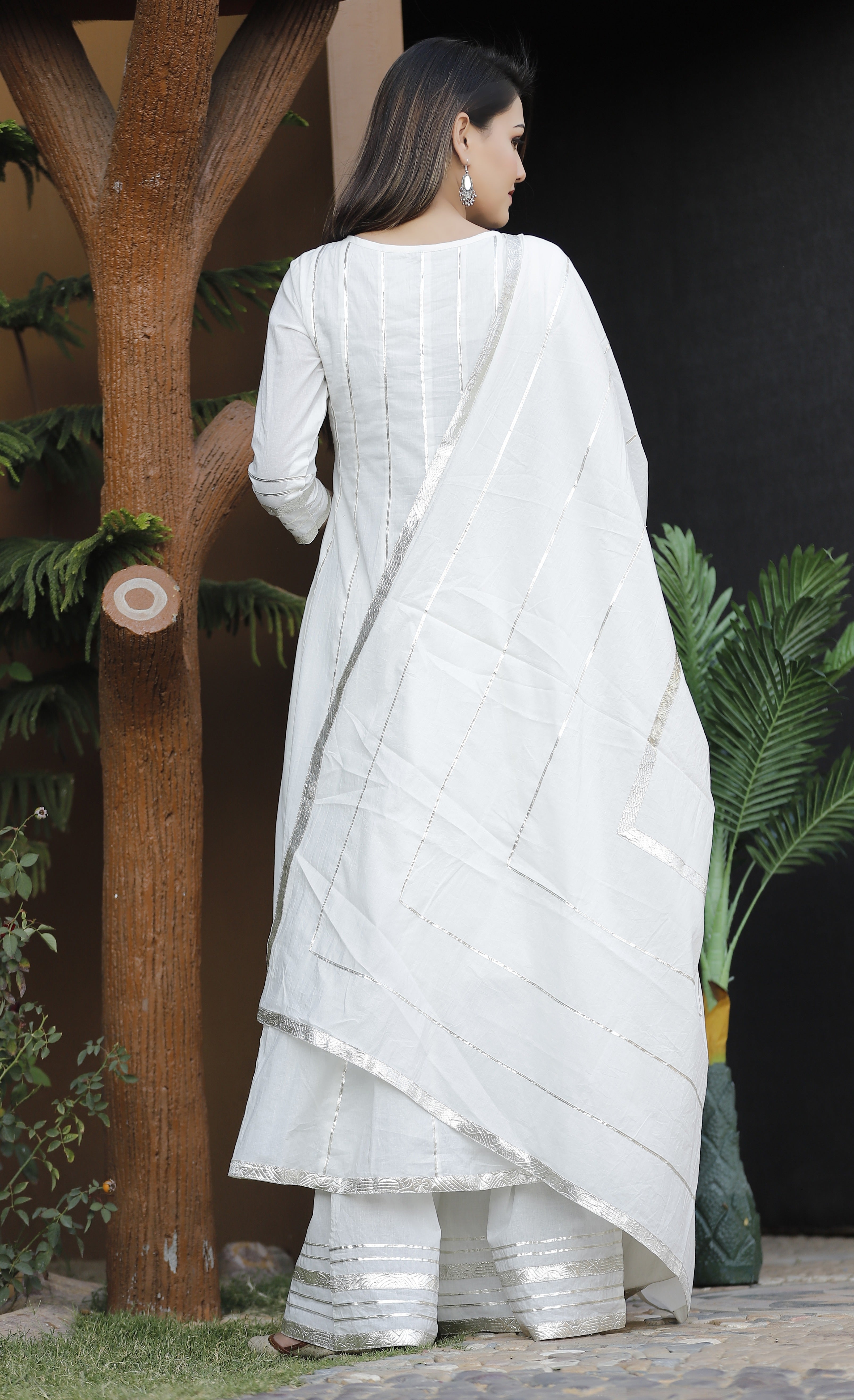 Women's White Gota Patti Anarkali Palazzo Set - Geeta Fashion