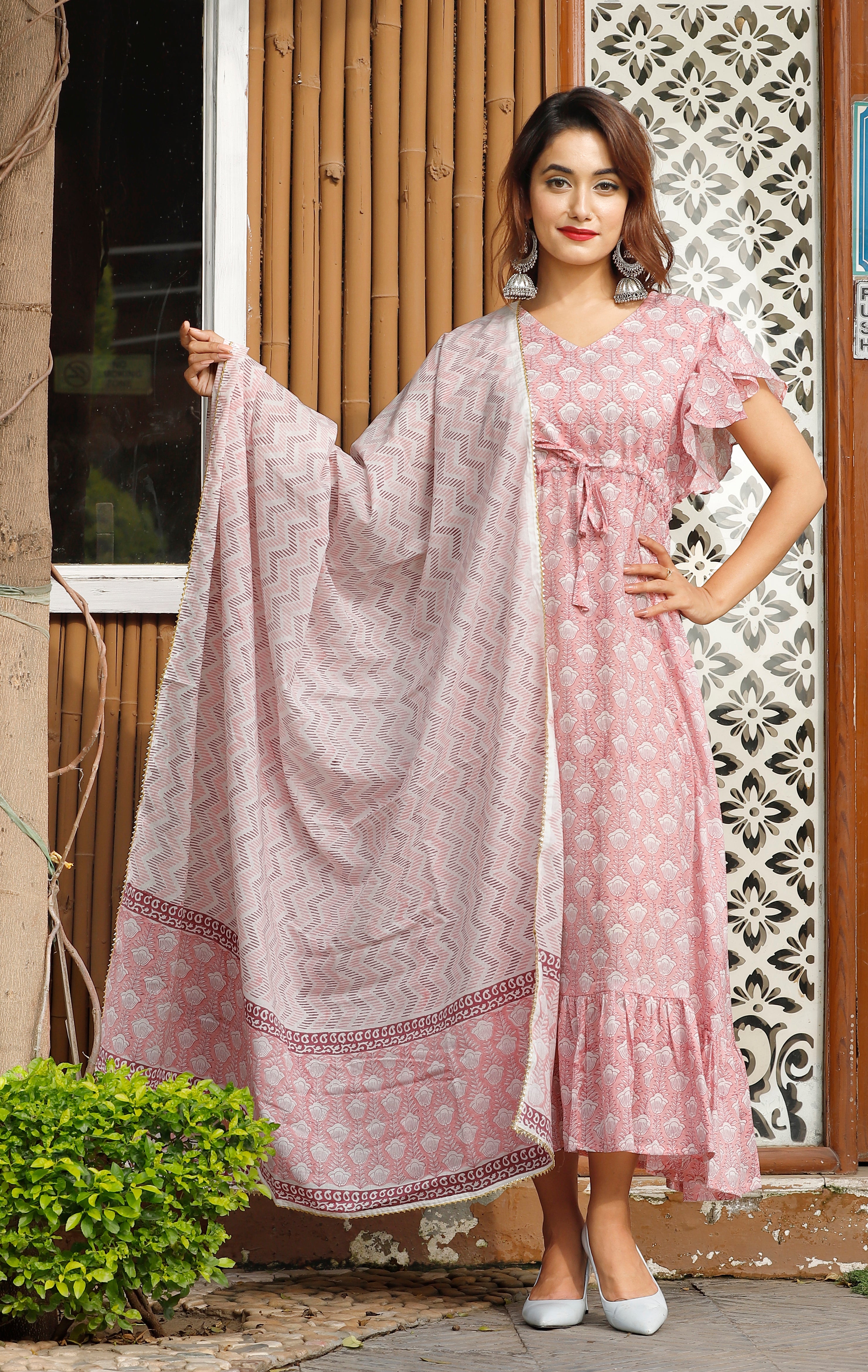 Women's Light Pink Hand Block Printed Kurta Set - Geeta Fashion