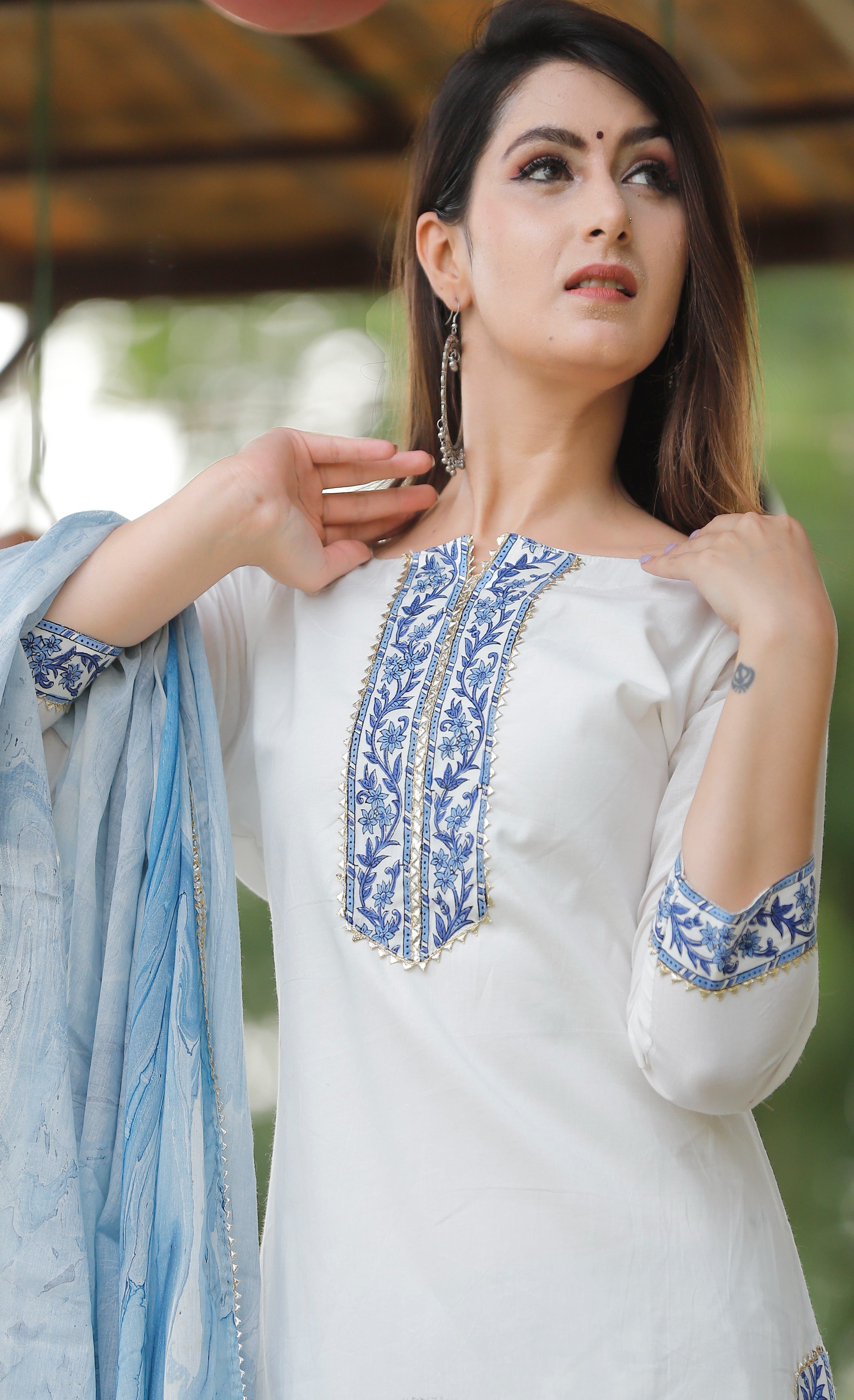 Women's Off White And Blue Hand Block Kurta Sharara Set - Geeta Fashion