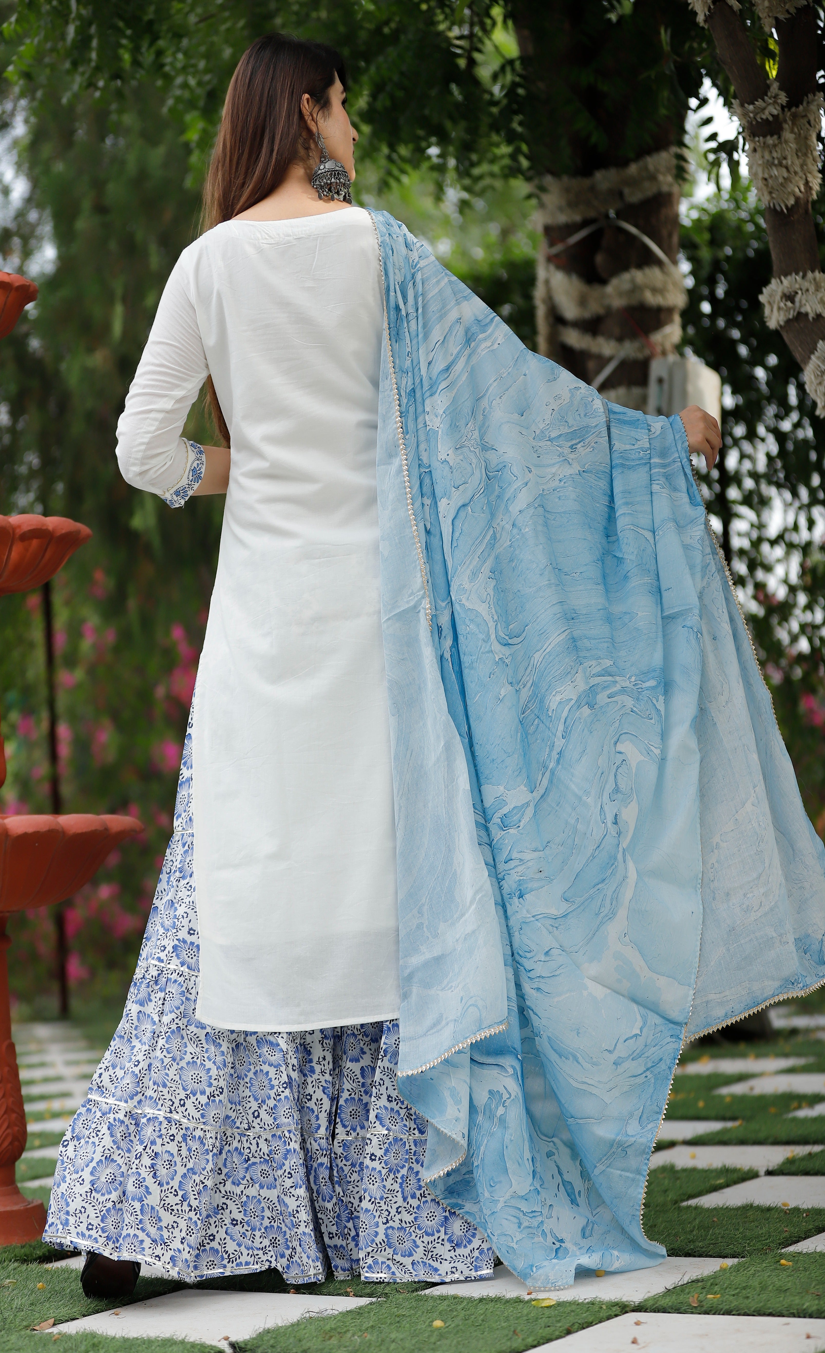 Women's Blue And Off White Hand Block Kurta Sharara Set - Geeta Fashion