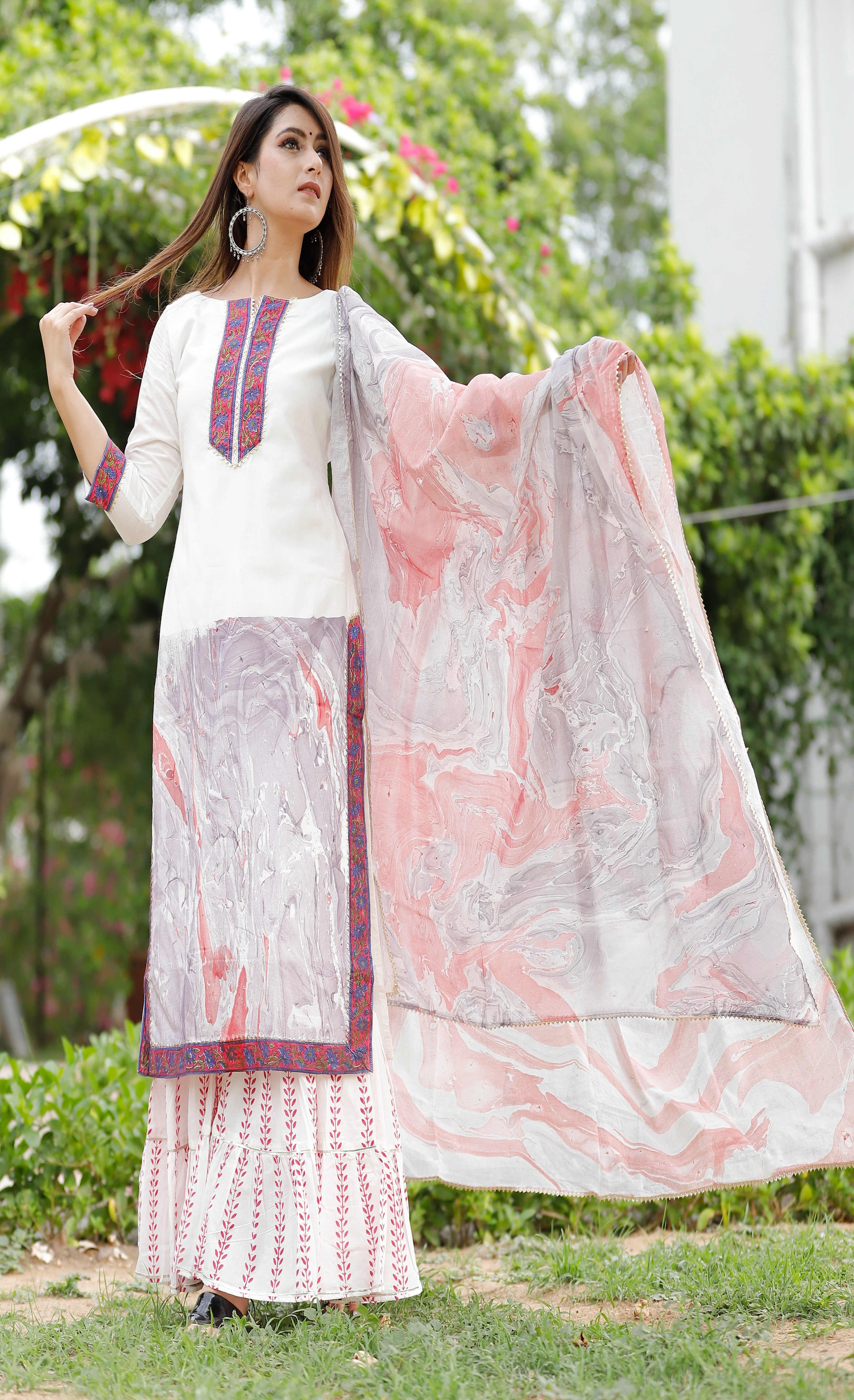 Women's Off White And Rani Pink Hand Block Kurta Sharara Set - Geeta Fashion
