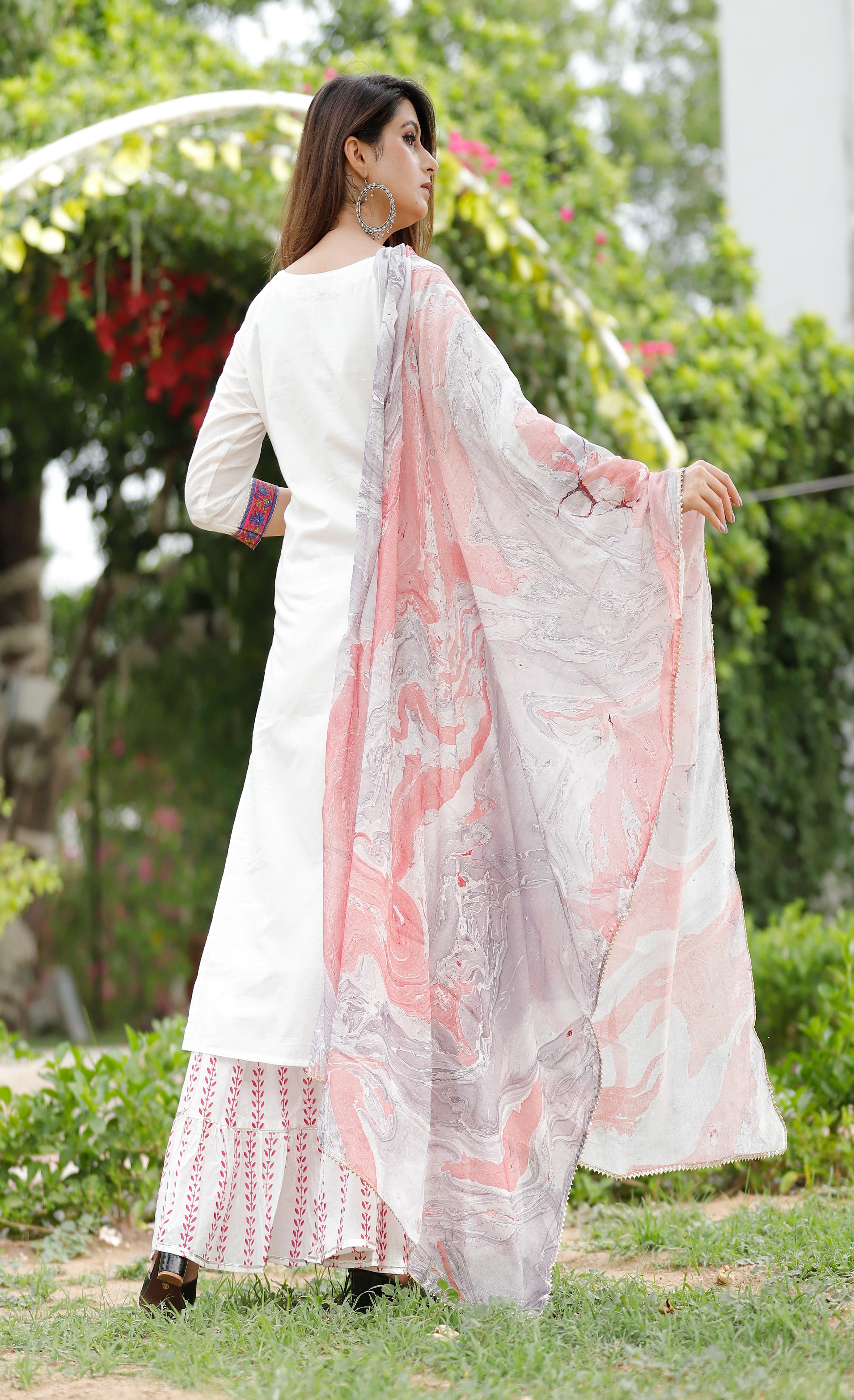 Women's Off White And Rani Pink Hand Block Kurta Sharara Set - Geeta Fashion