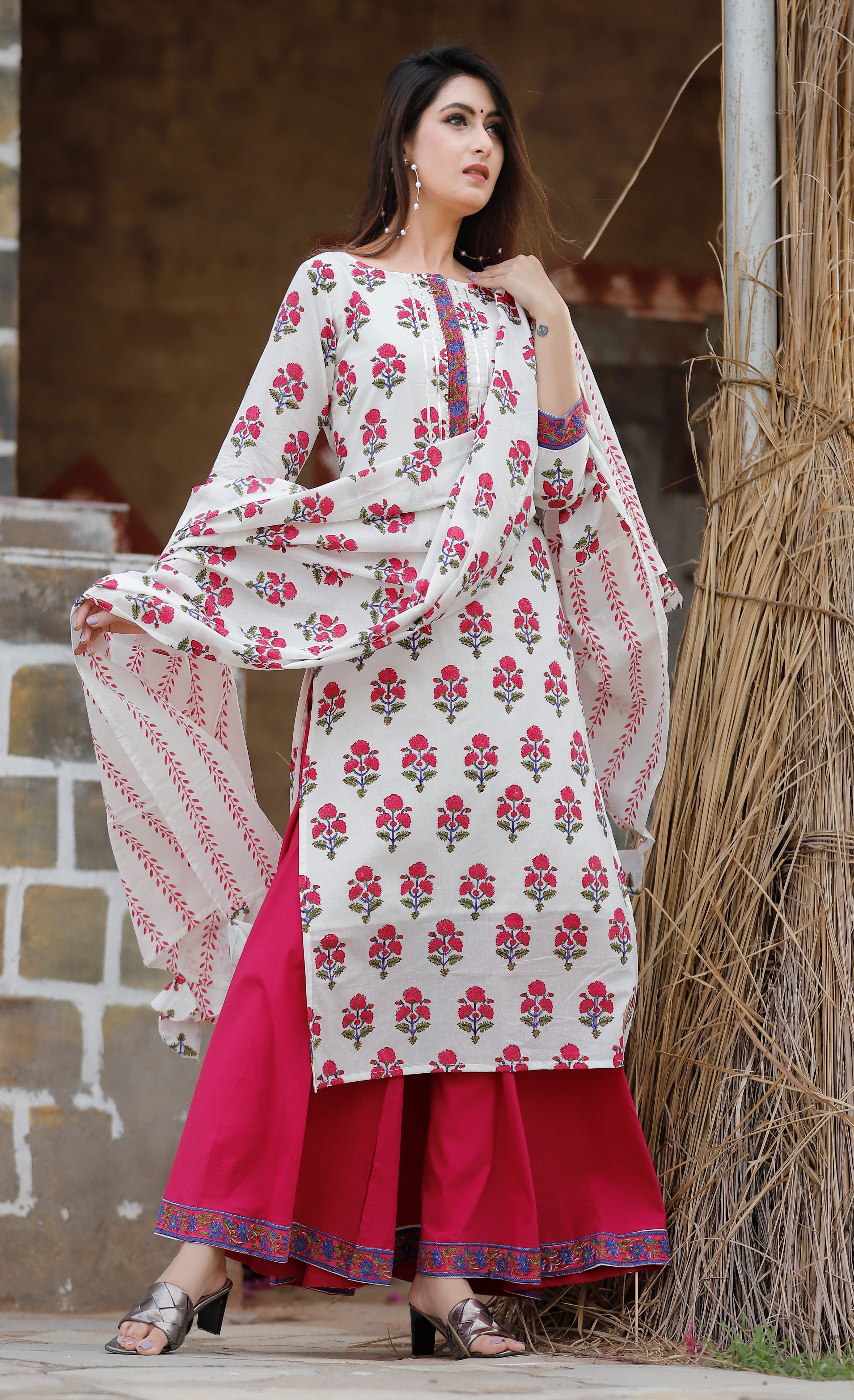Women's Rani Pink And Off White Hand Block Kurta Palazzo Set - Geeta Fashion