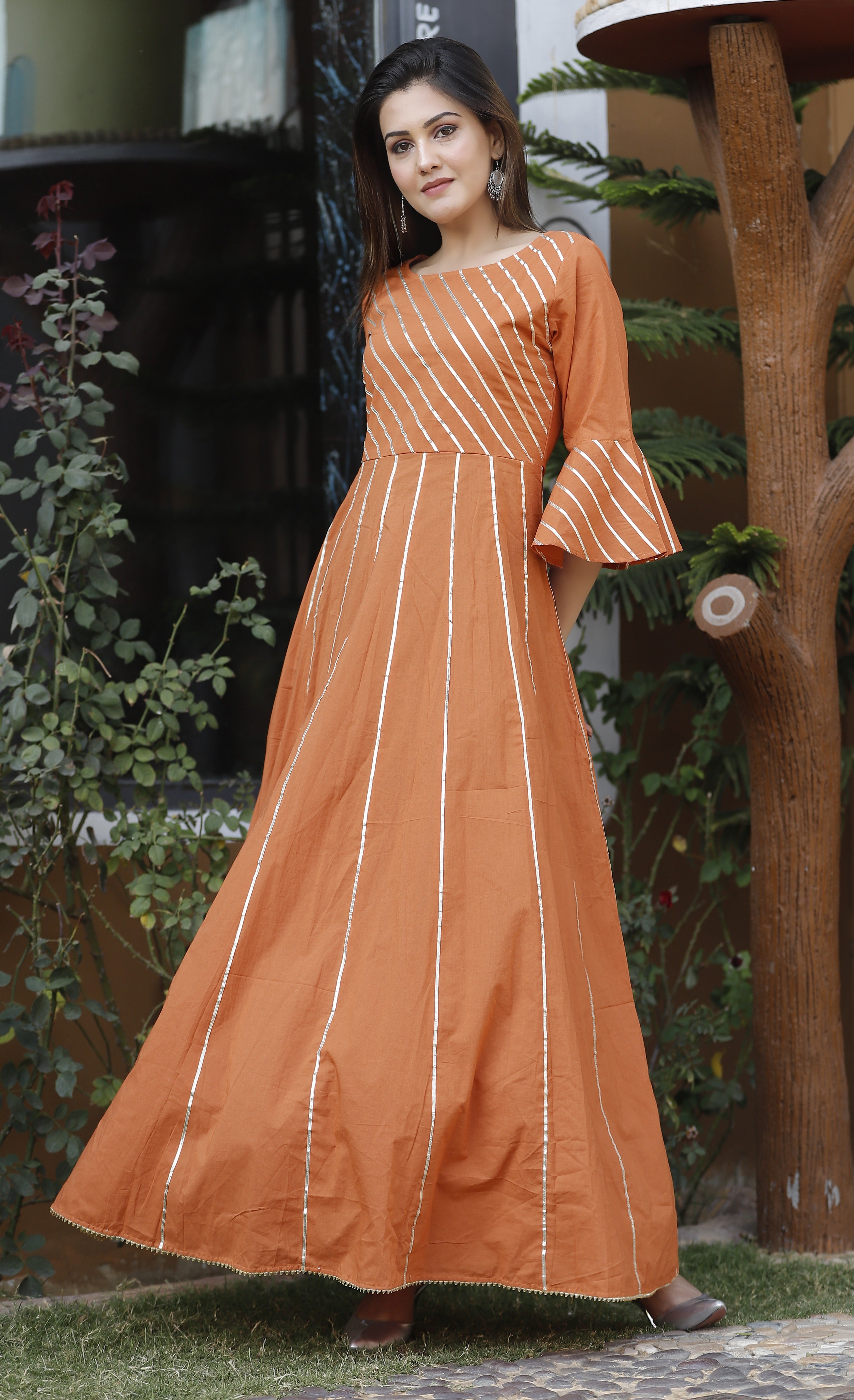 Women's Orange Printed Long Kurta - Geeta Fashion