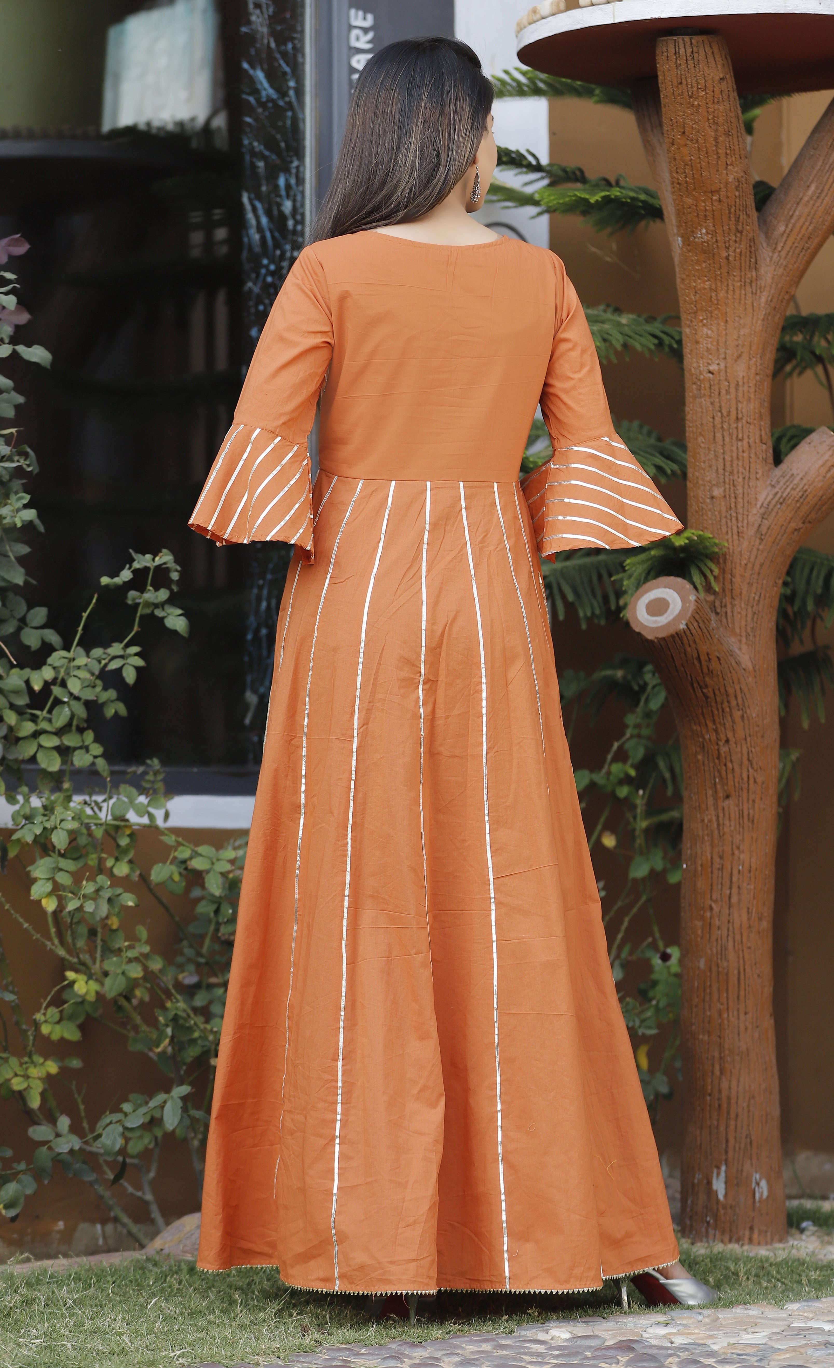 Women's Orange Printed Long Kurta - Geeta Fashion