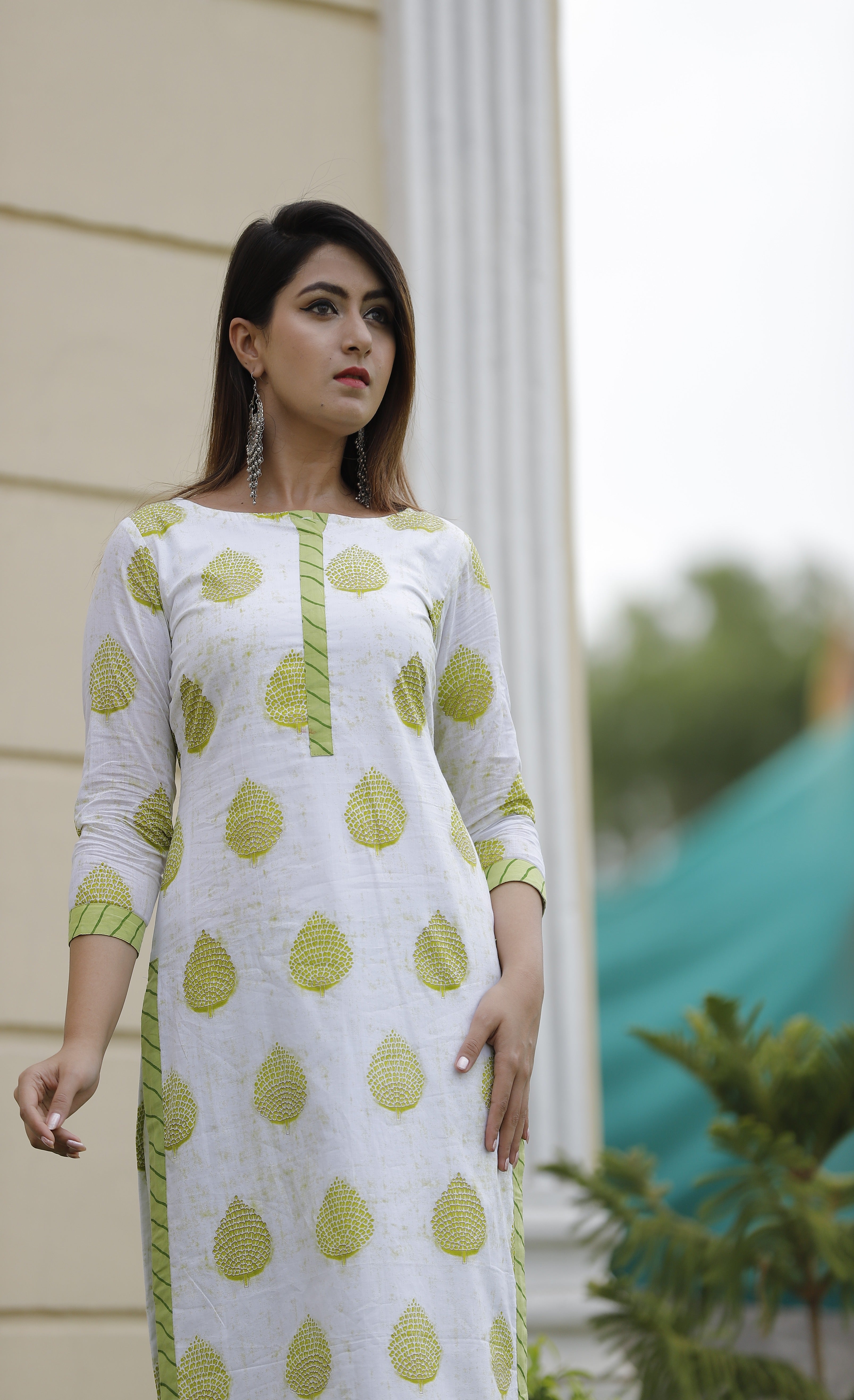 Women's Green Block Printed Kurta Pant Set - Geeta Fashion
