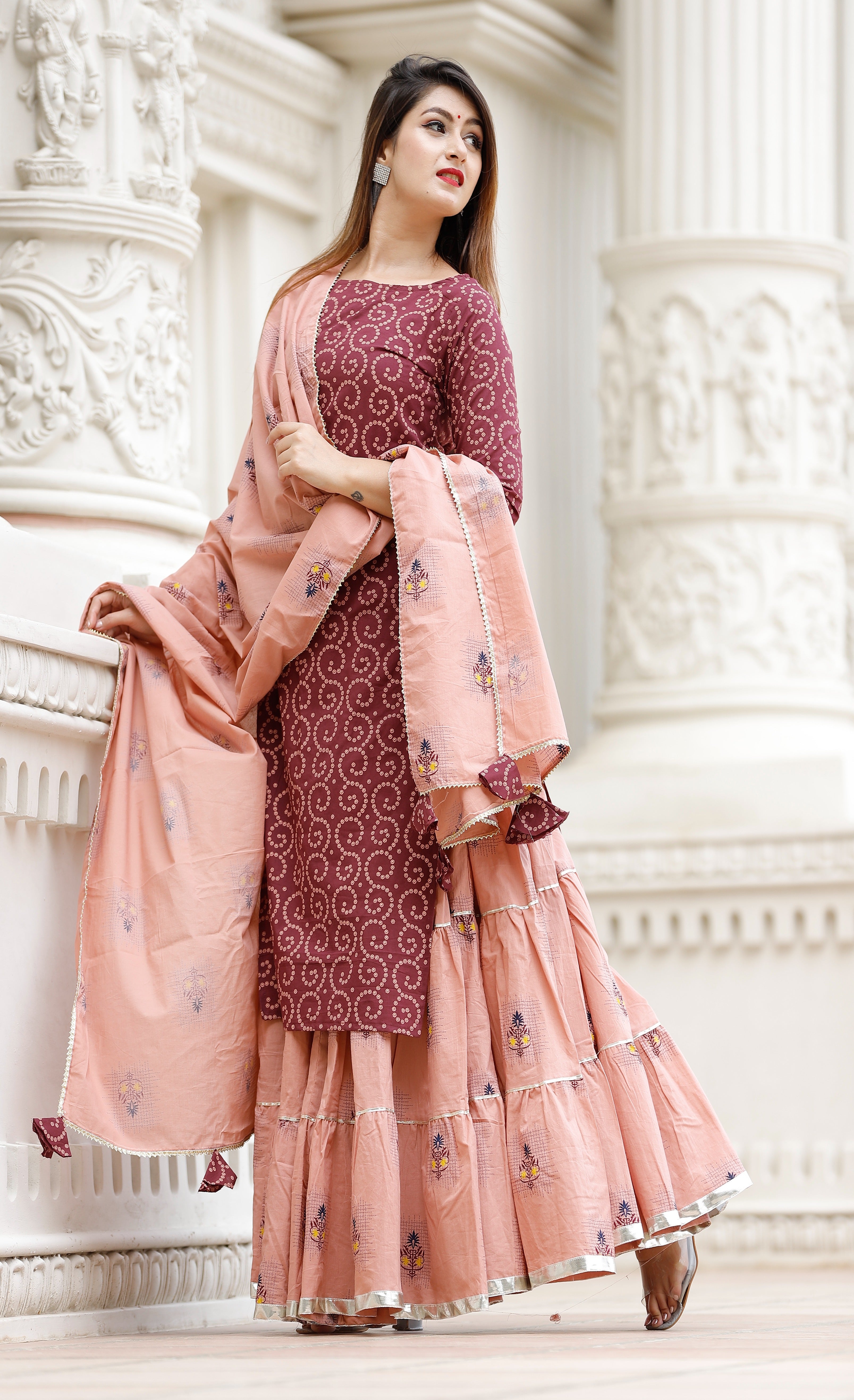 Women's Maroon Floral Kurta Skirt Set - Geeta Fashion