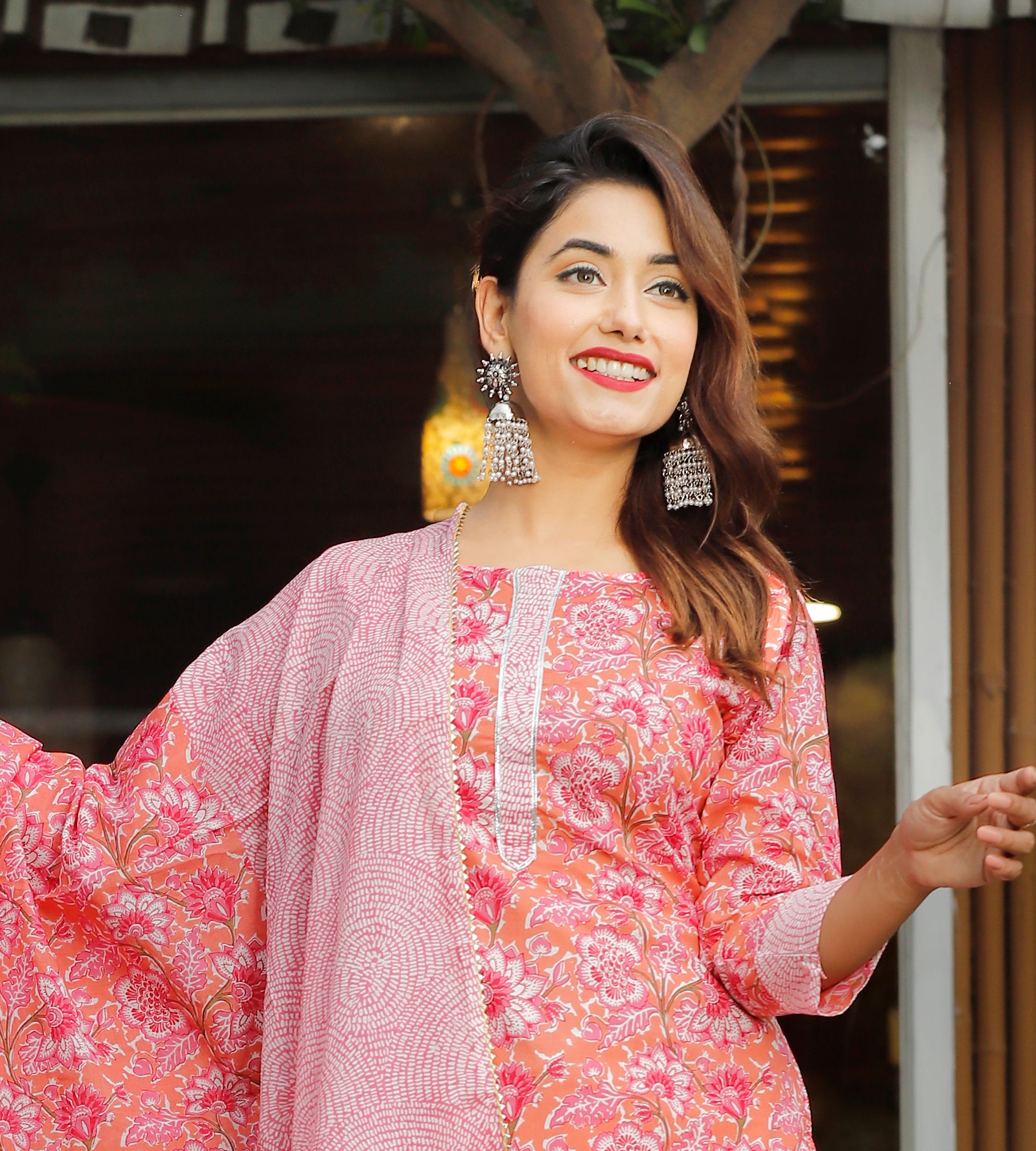 Women's Peach Hand Block Kurta Sharara Set - Geeta Fashion