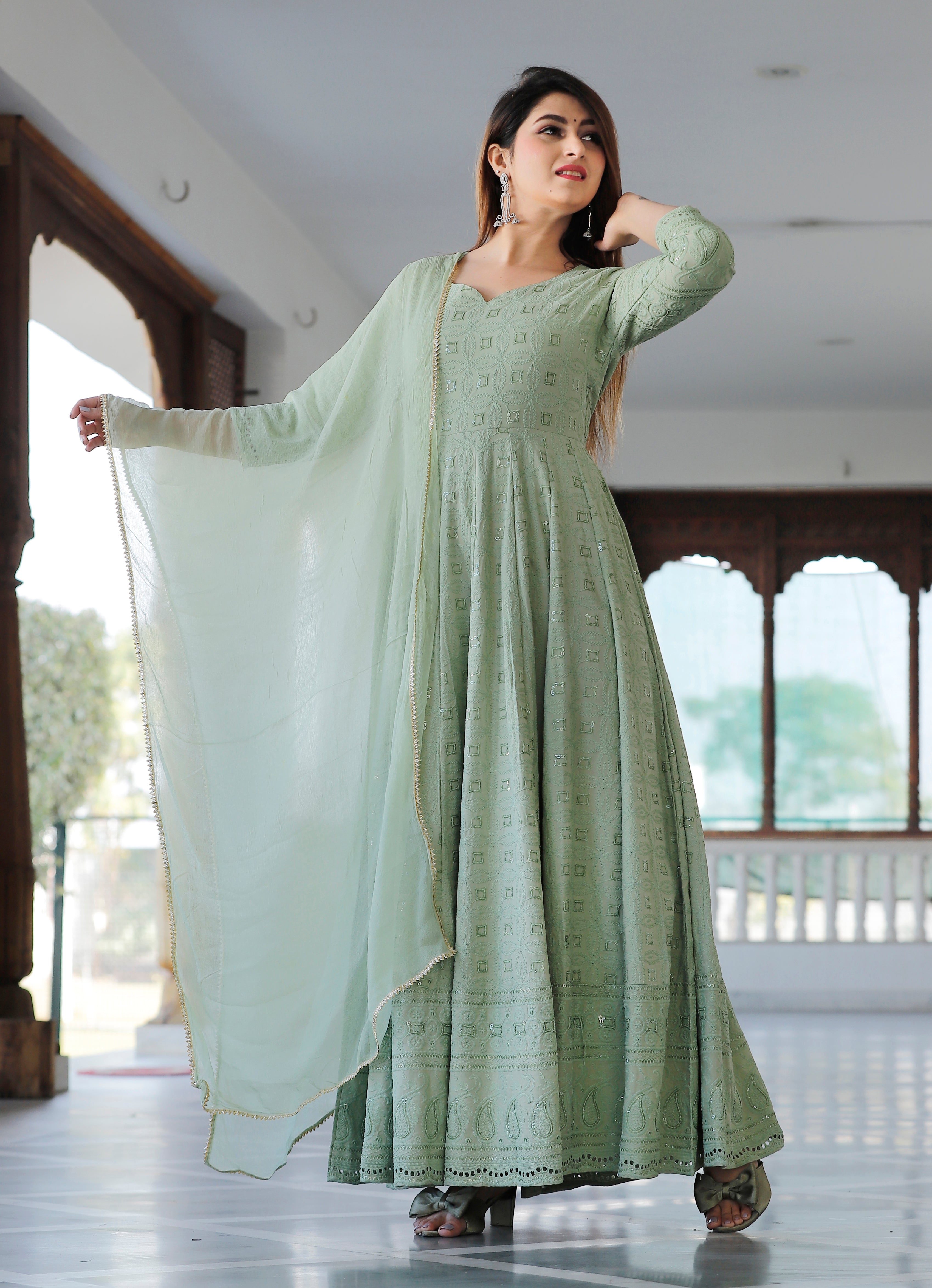 Women Green Anarkali Kurta with Dupatta by Geeta Fashion (2pcs Set)