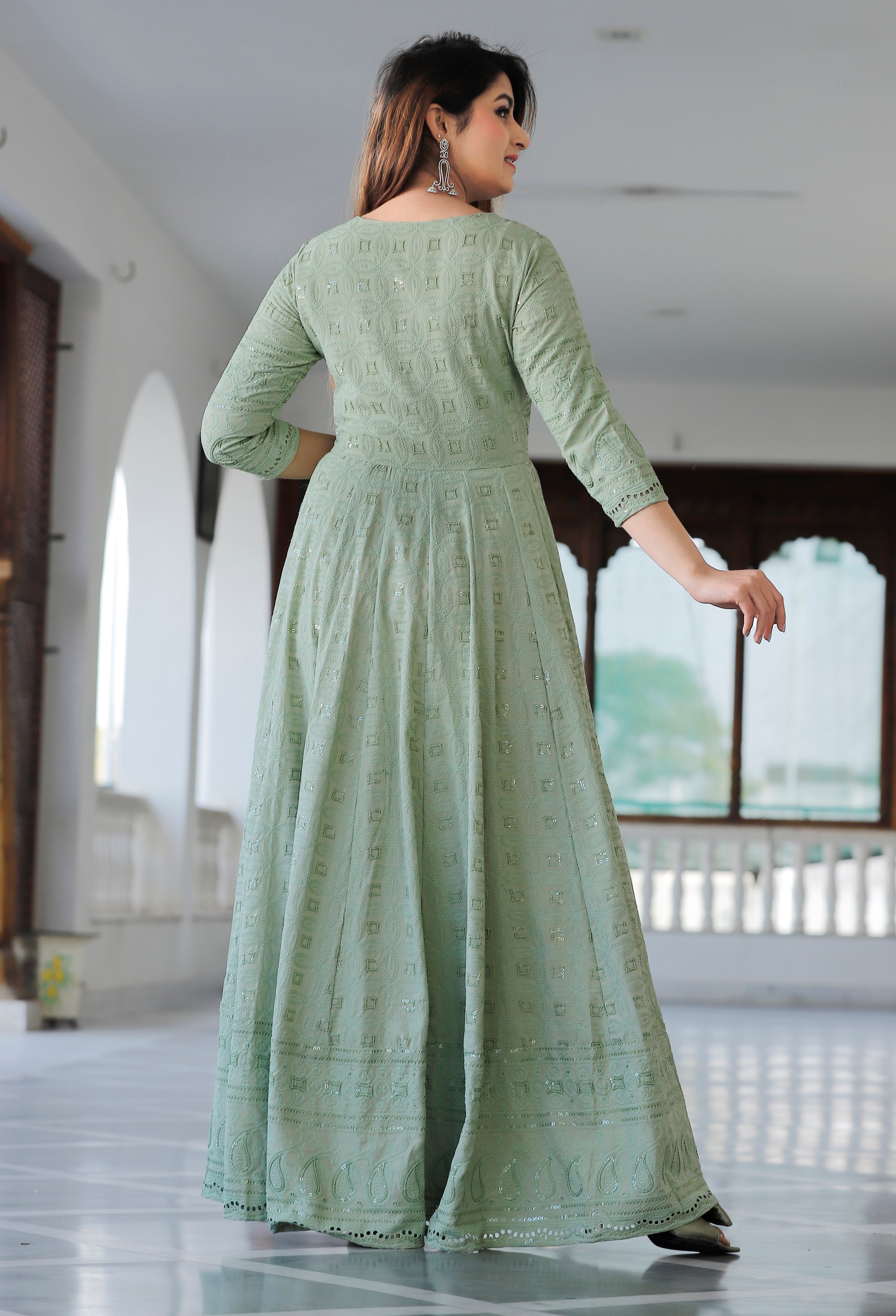Women Green Anarkali Kurta with Dupatta by Geeta Fashion (2pcs Set)
