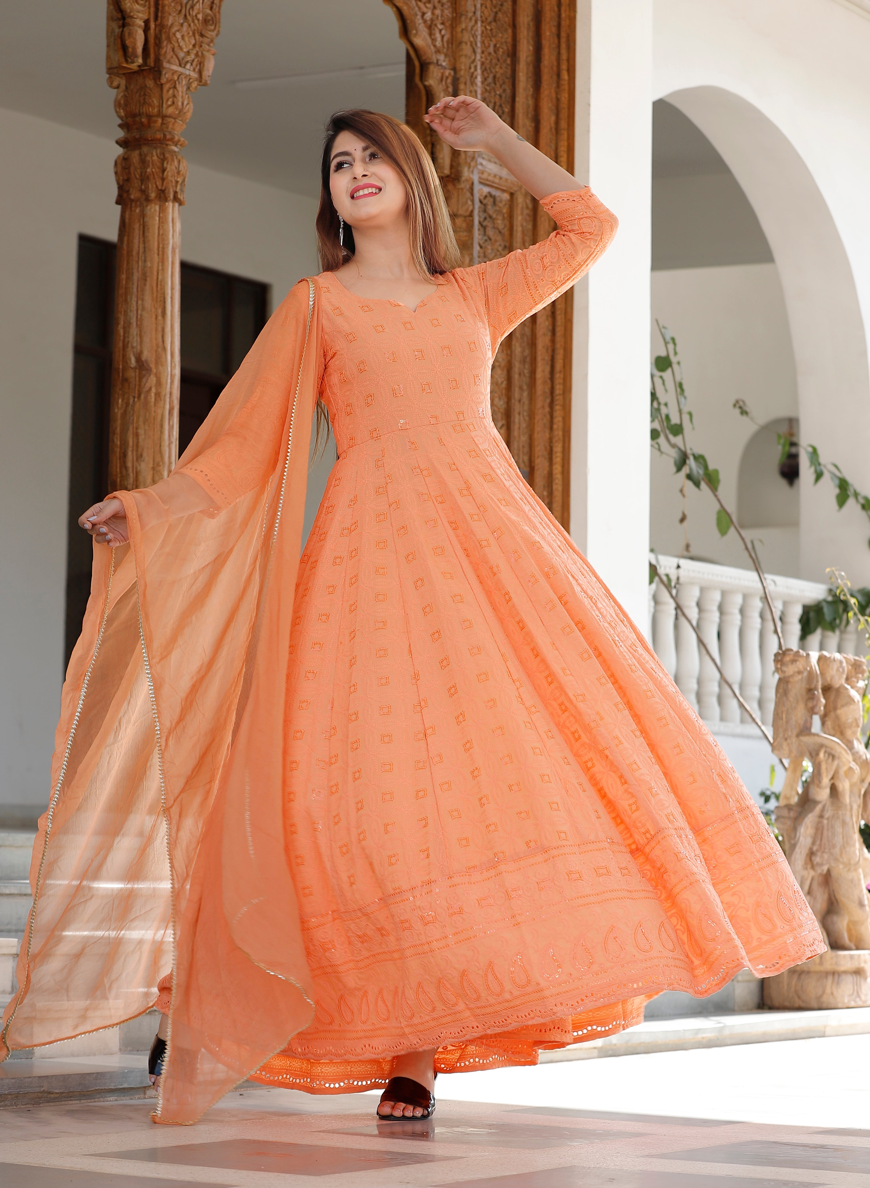 Women's Orange Sequence Anarkali Set - Geeta Fashion