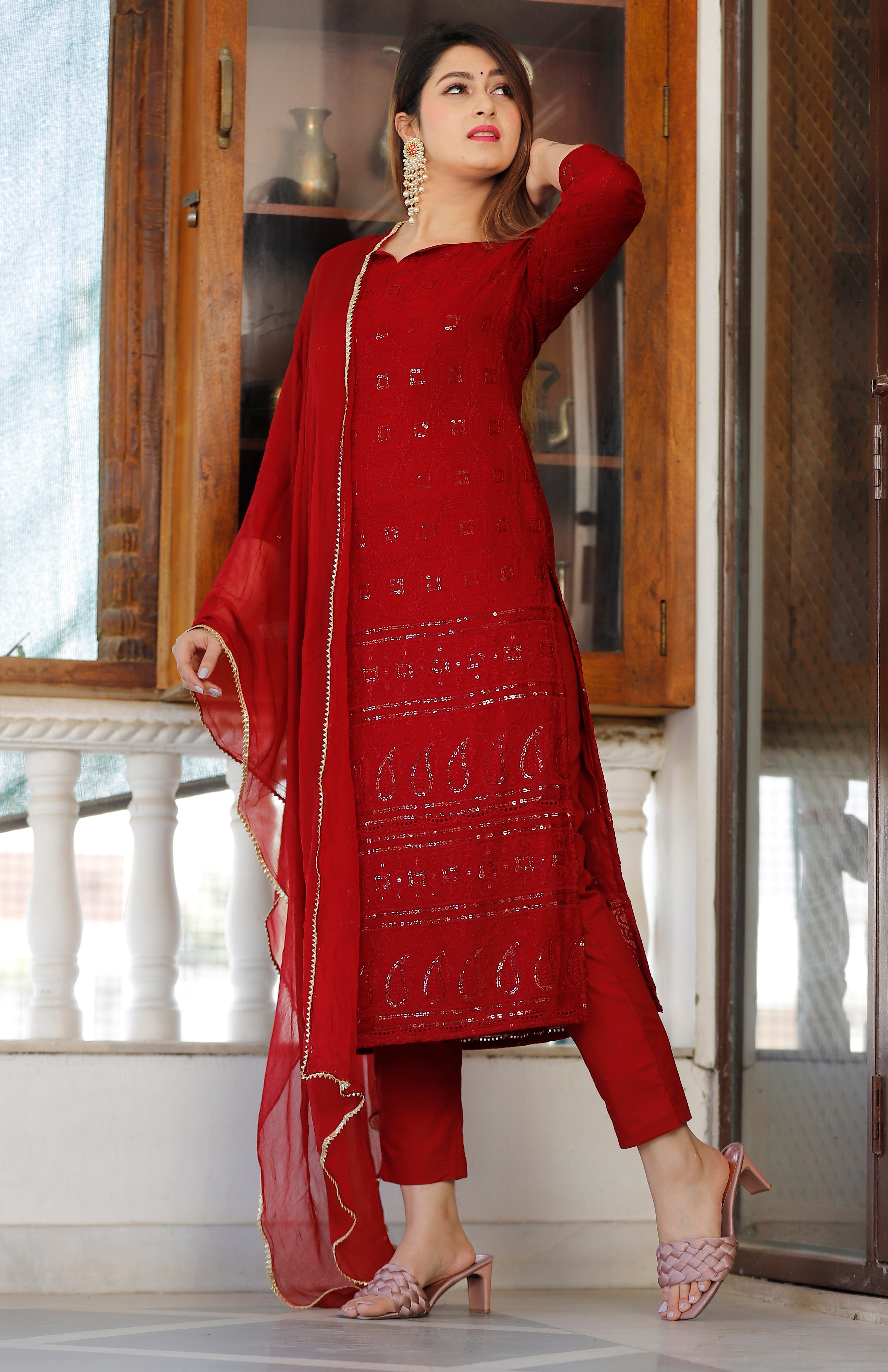 Women's Maroon Chikankari Kurta Pant Set - Geeta Fashion