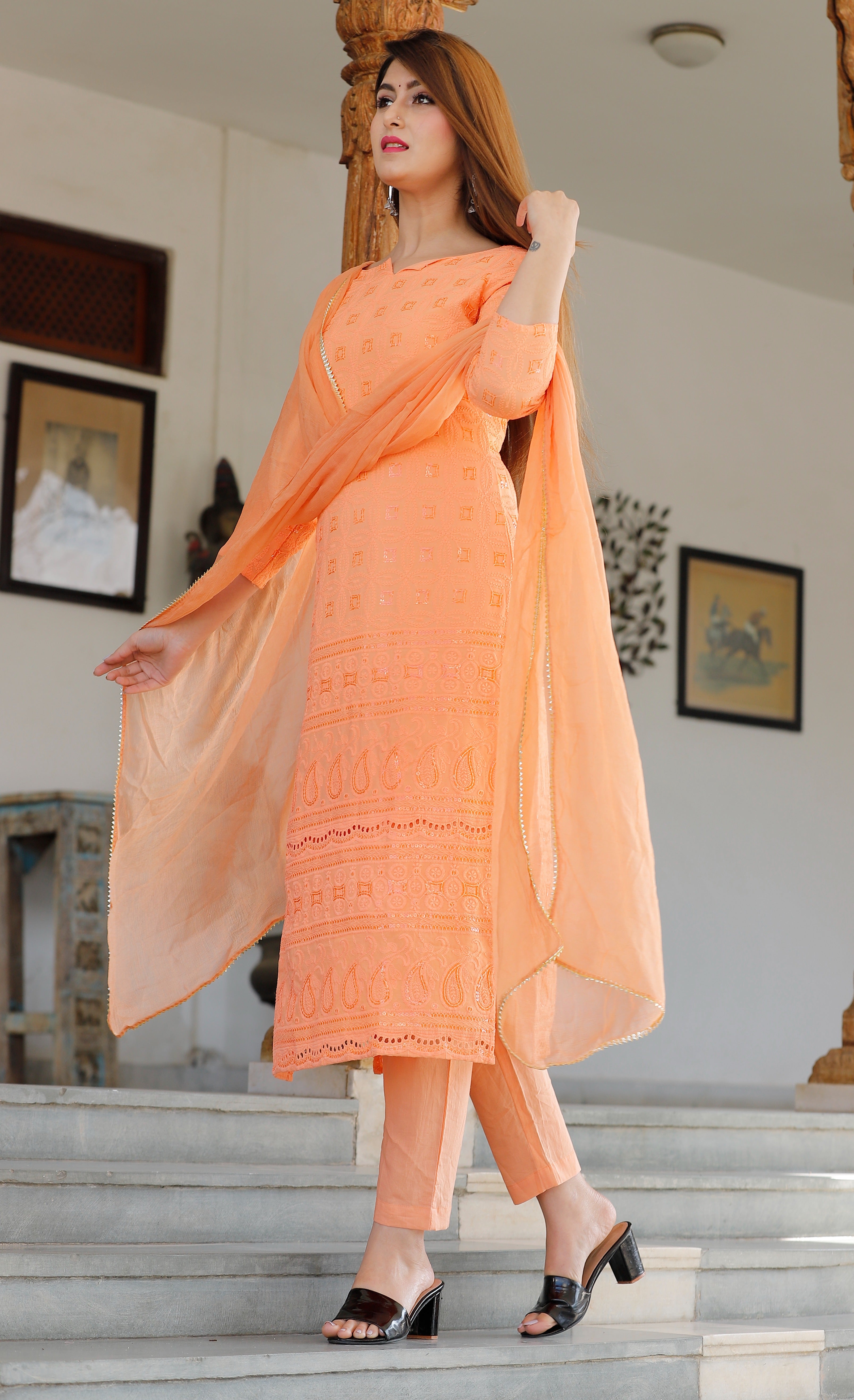 Women's Orange Chikankari Kurta Pant Set - Geeta Fashion