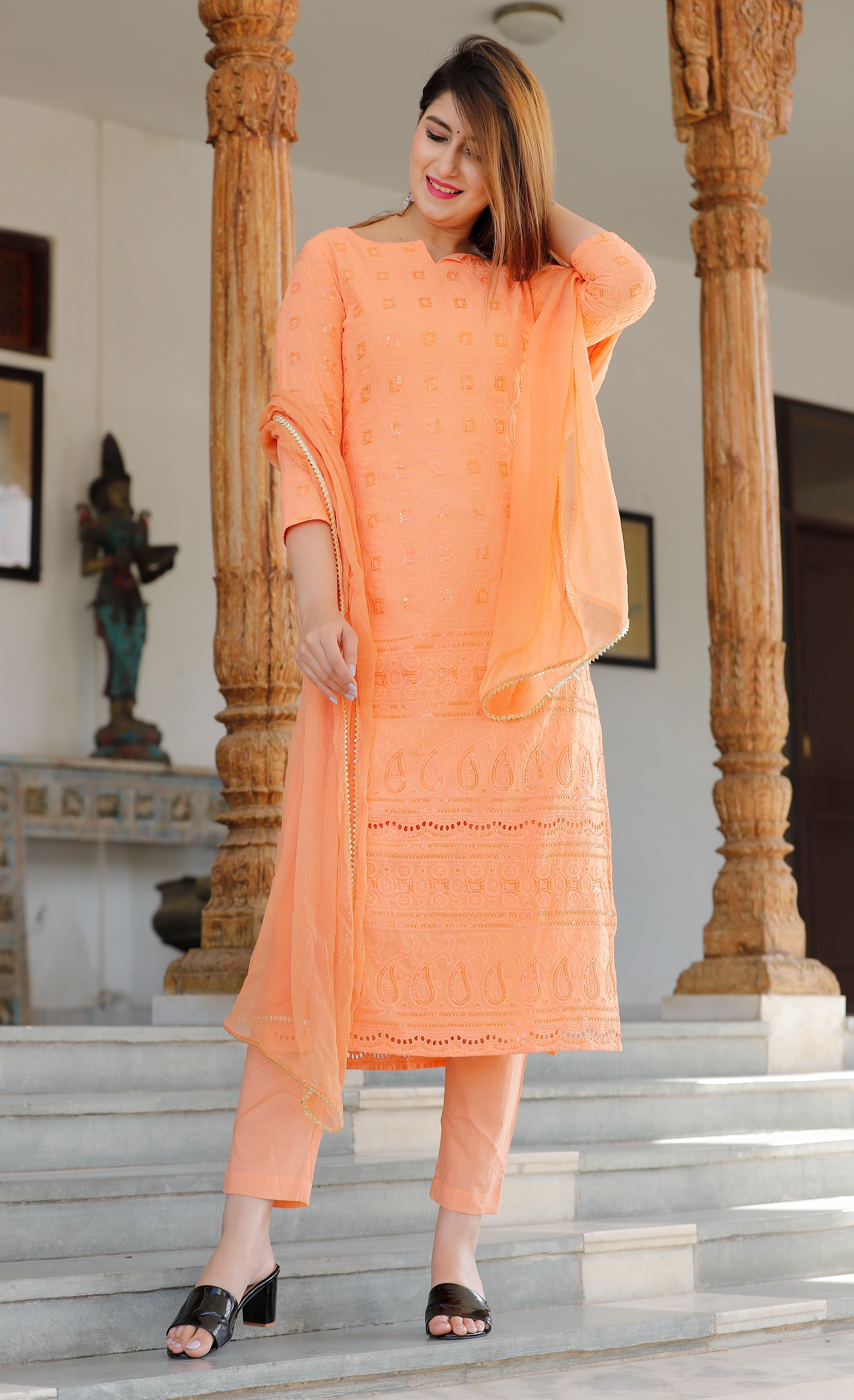 Women's Orange Chikankari Kurta Pant Set - Geeta Fashion