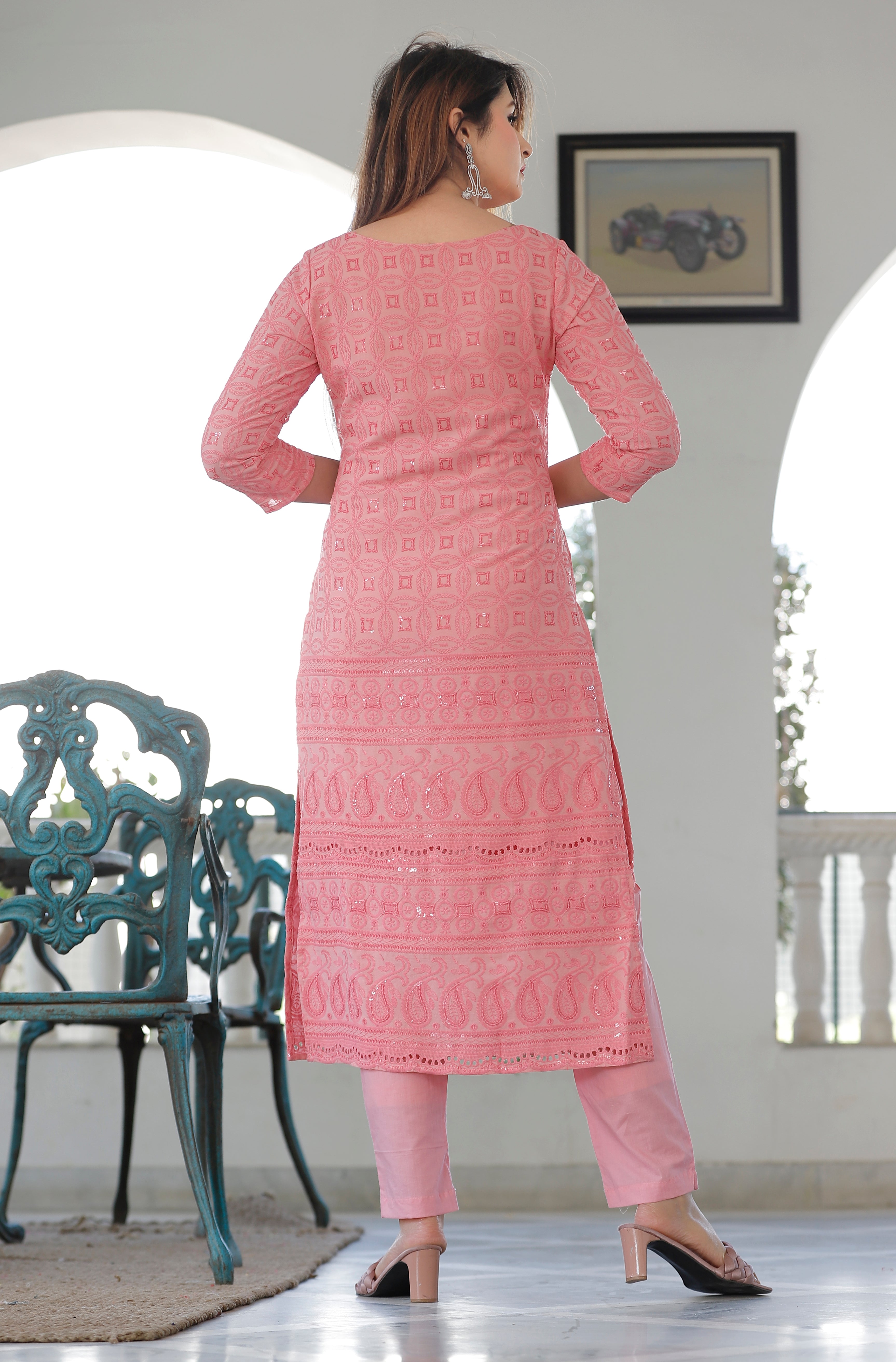 Women's Rose Pink Chikankari Kurta Pant Set - Geeta Fashion