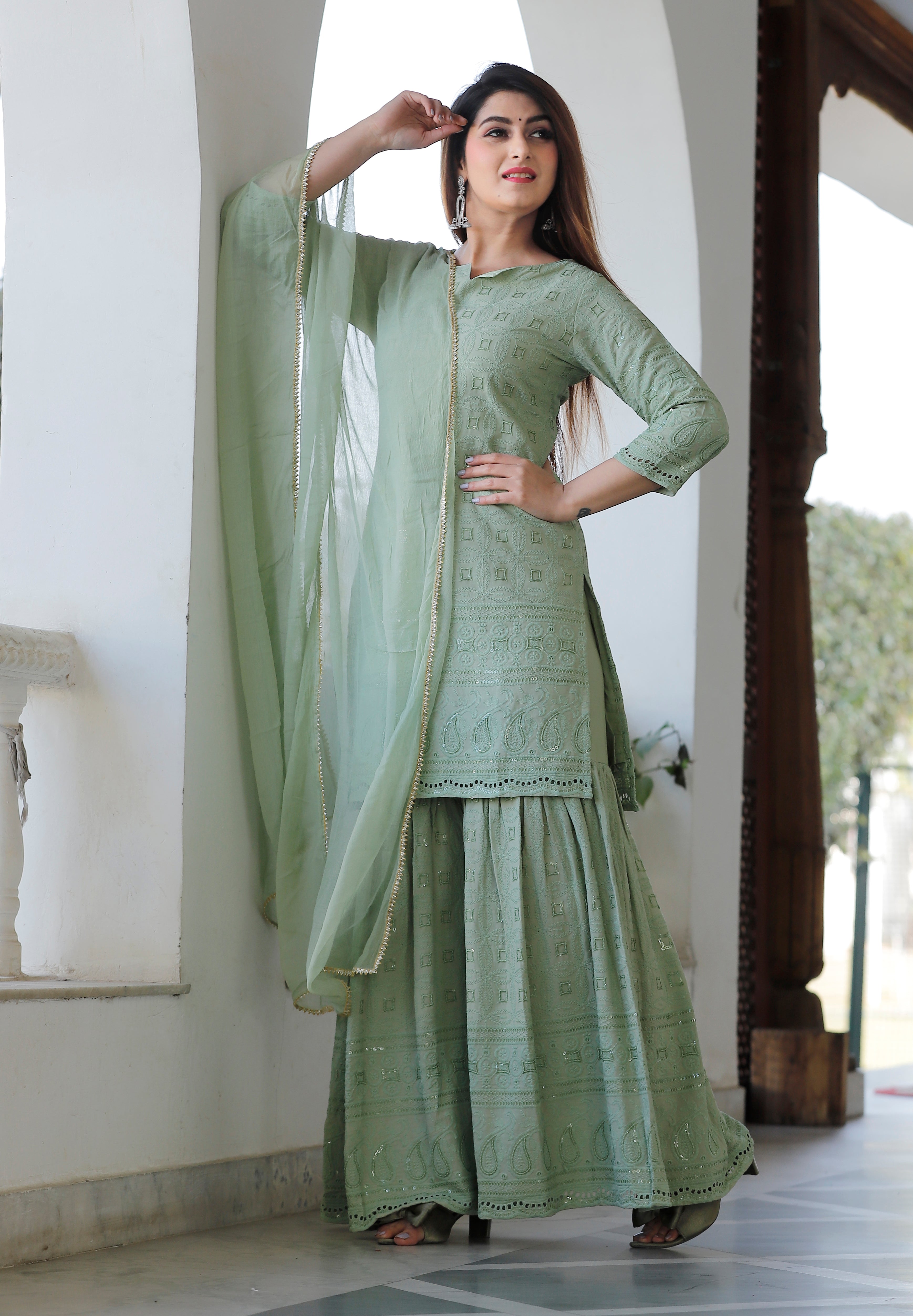 Women's Green Chikankari Kurta Palazzo Set - Geeta Fashion