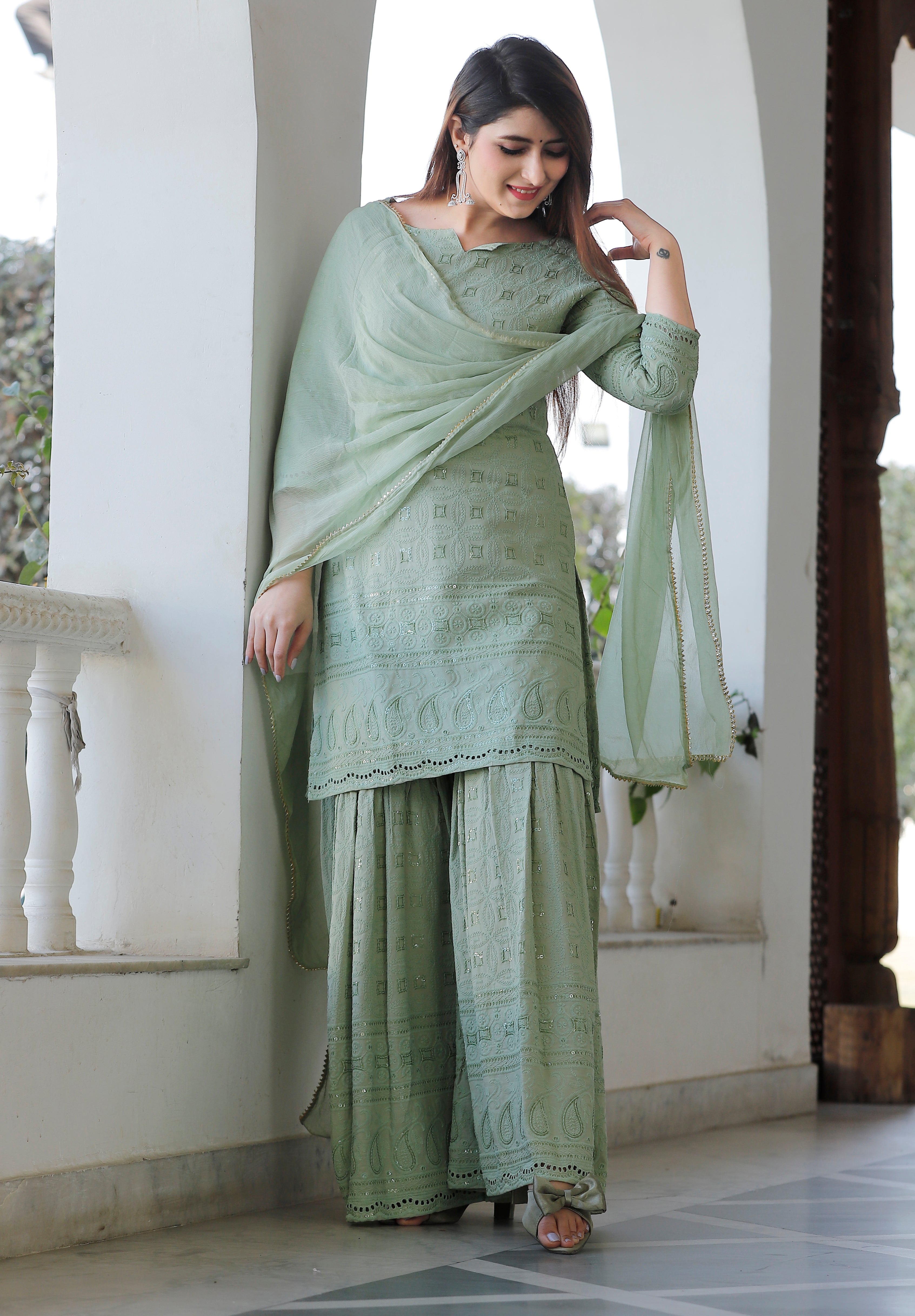 Women's Green Chikankari Kurta Palazzo Set - Geeta Fashion