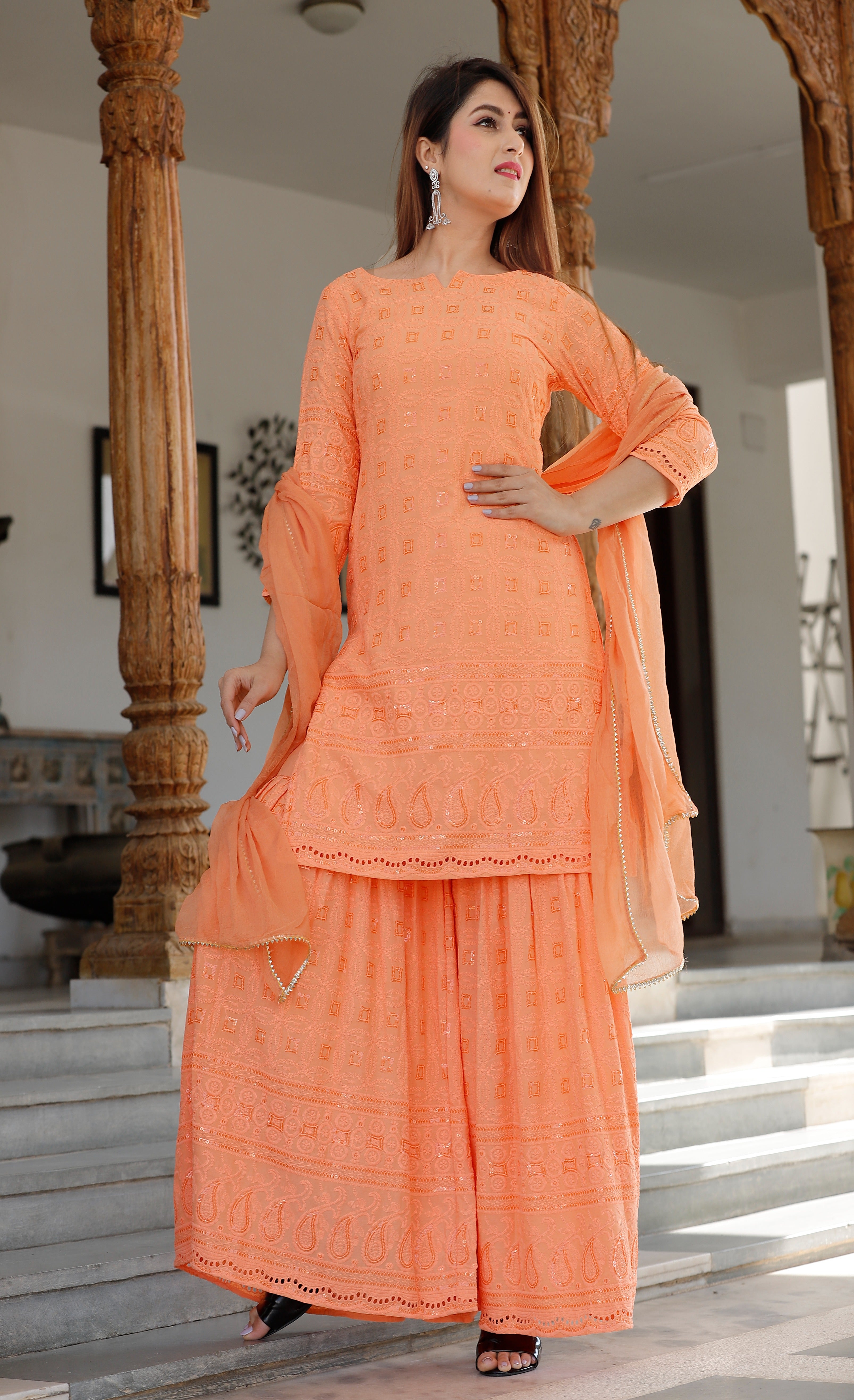 Women's Orange Chikankari Kurta Palazzo Set - Geeta Fashion