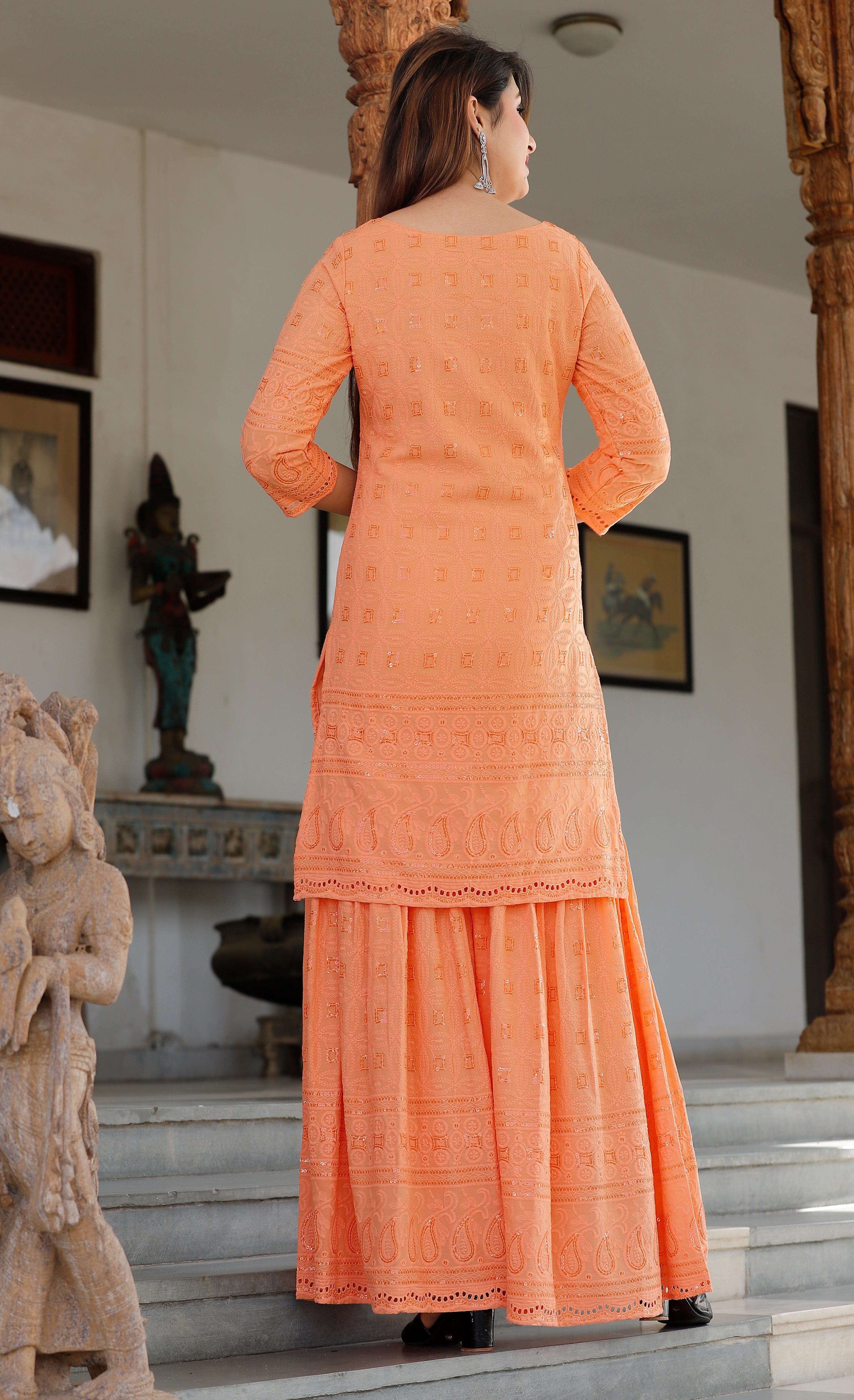 Women's Orange Chikankari Kurta Palazzo Set - Geeta Fashion