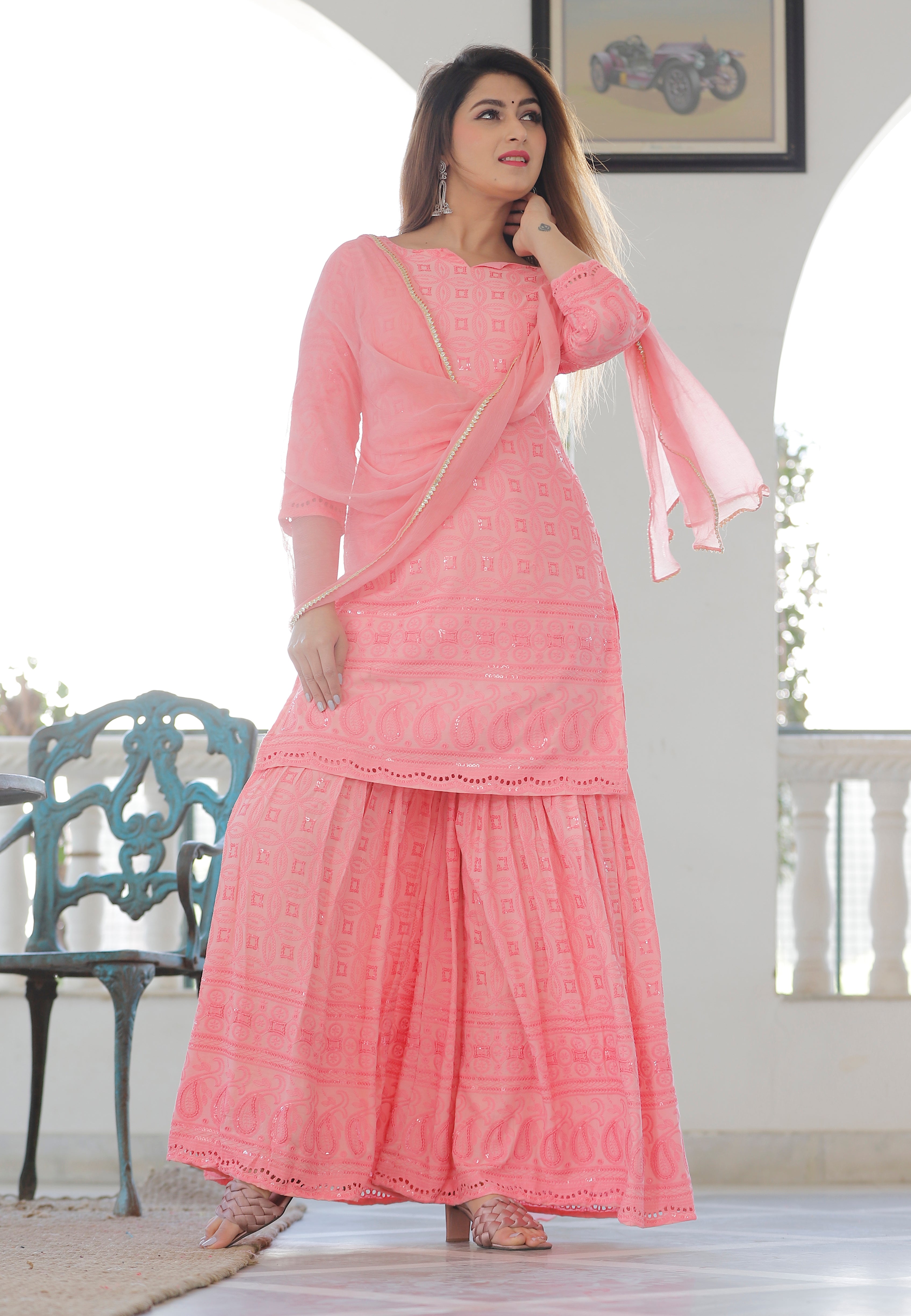 Women's Rose Pink Chikankari Kurta Palazzo Set - Geeta Fashion