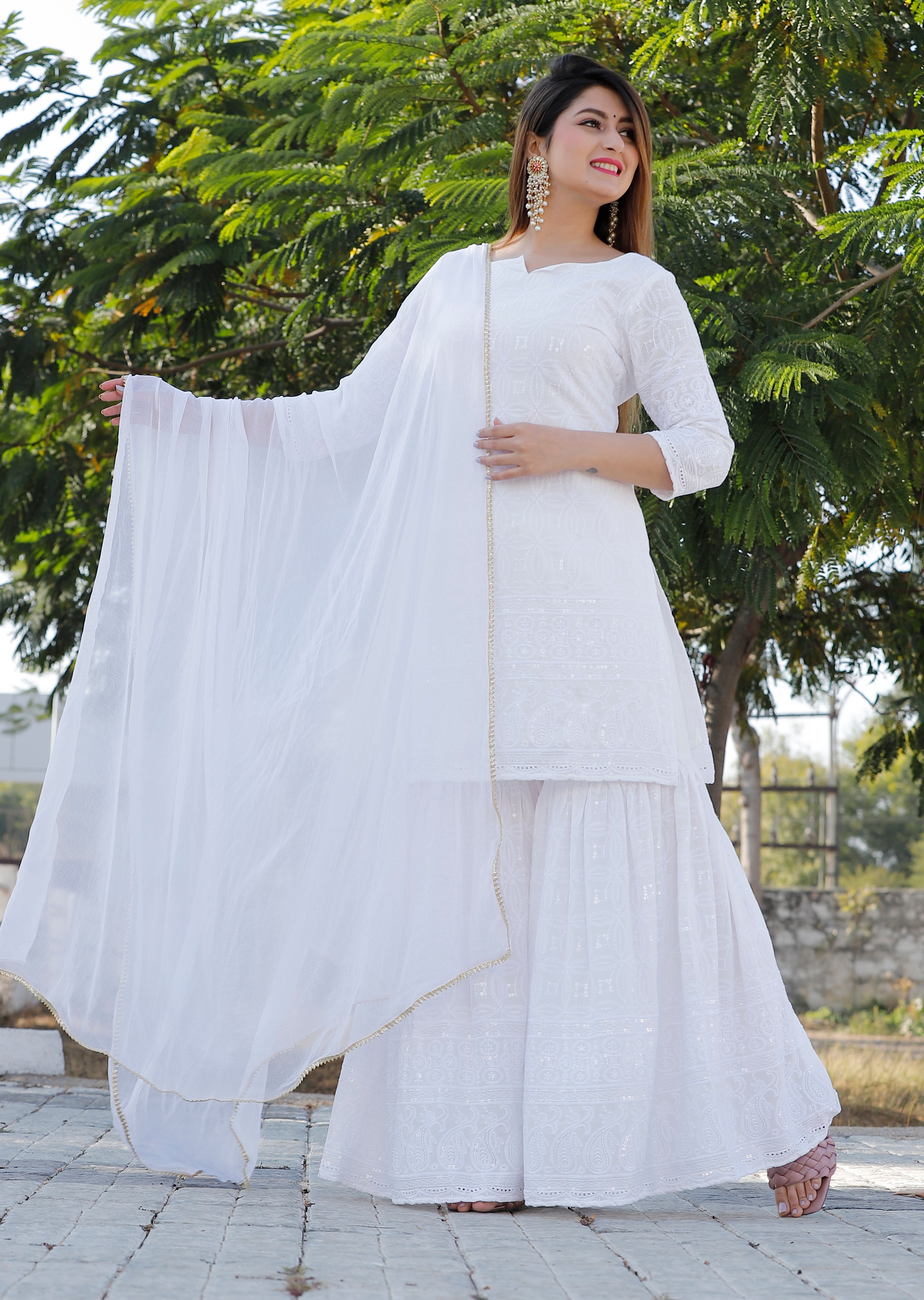 Women's White Chikankari Kurta Palazzo Set - Geeta Fashion