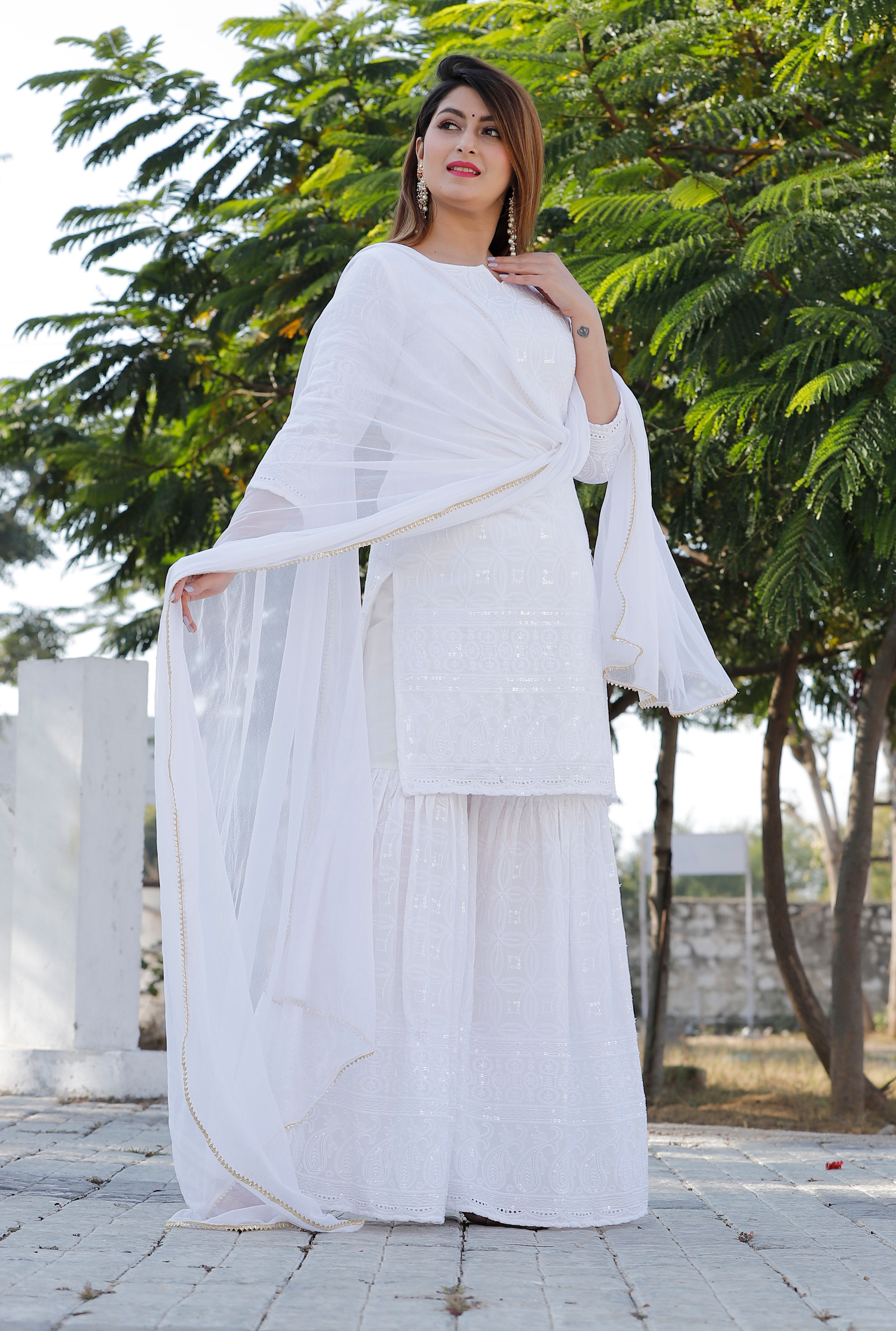 Women's White Chikankari Kurta Palazzo Set - Geeta Fashion
