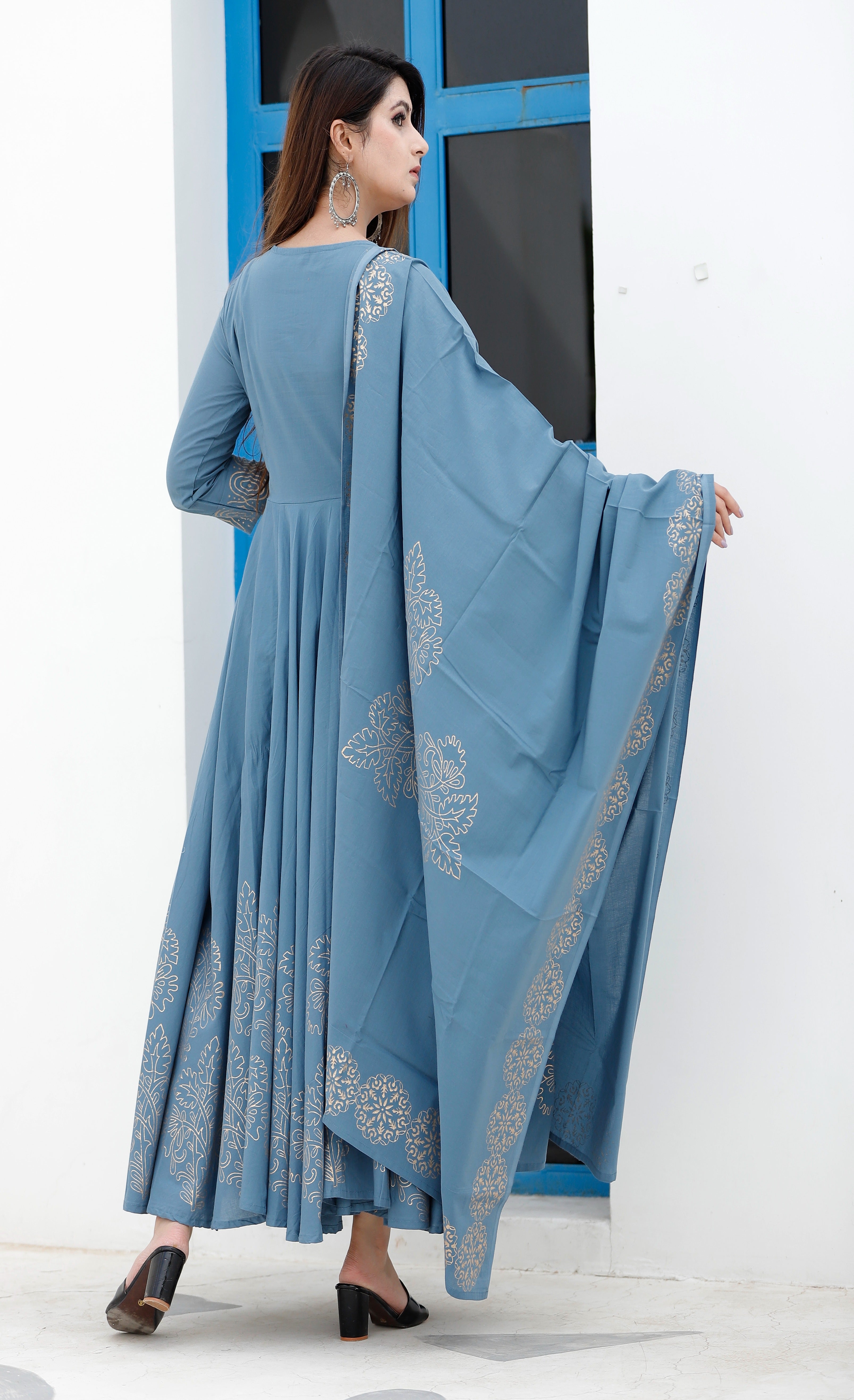 Women's Steel Blue Hand Block Anarkali Set - Geeta Fashion