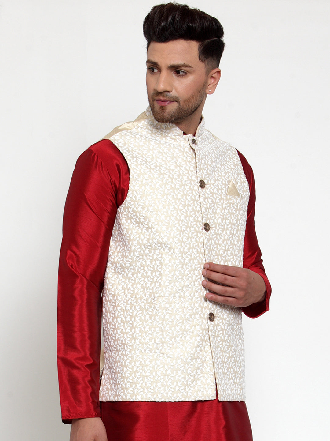 Men's Beige Embroidered Nehru Jacket ( JOWC 4012Beige ) - Virat Fashions