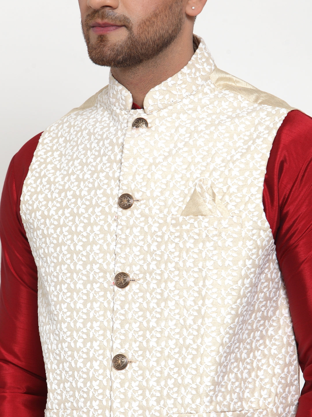 Men's Beige Embroidered Nehru Jacket ( JOWC 4012Beige ) - Virat Fashions