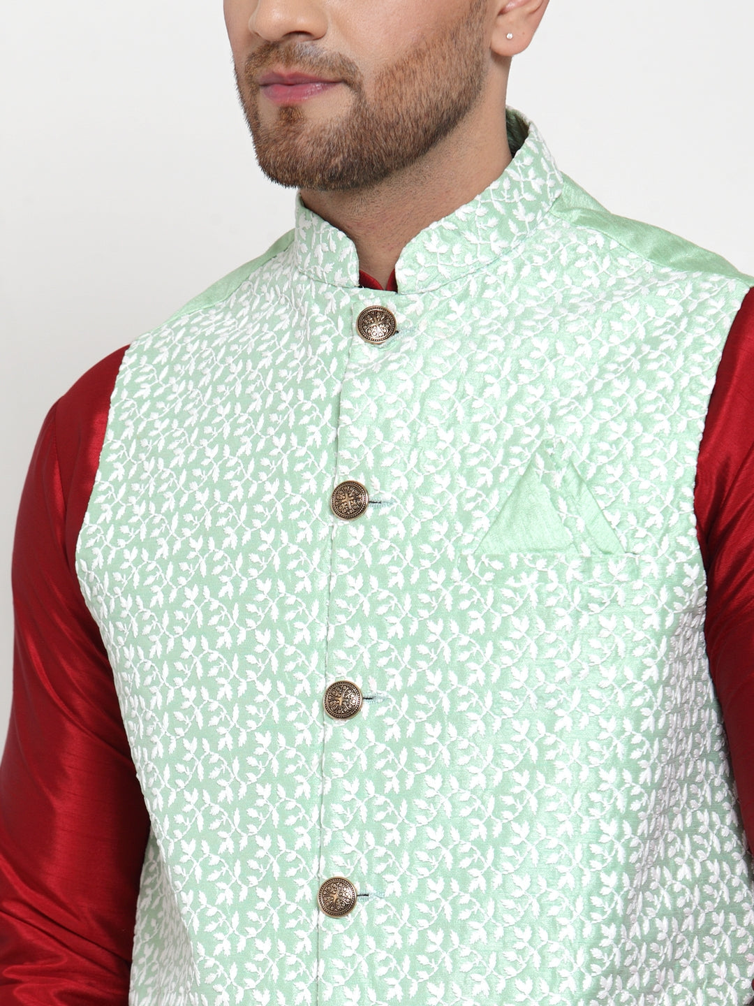 Men's Green Embroidered Nehru Jacket ( JOWC 4012Light-Green ) - Virat Fashions