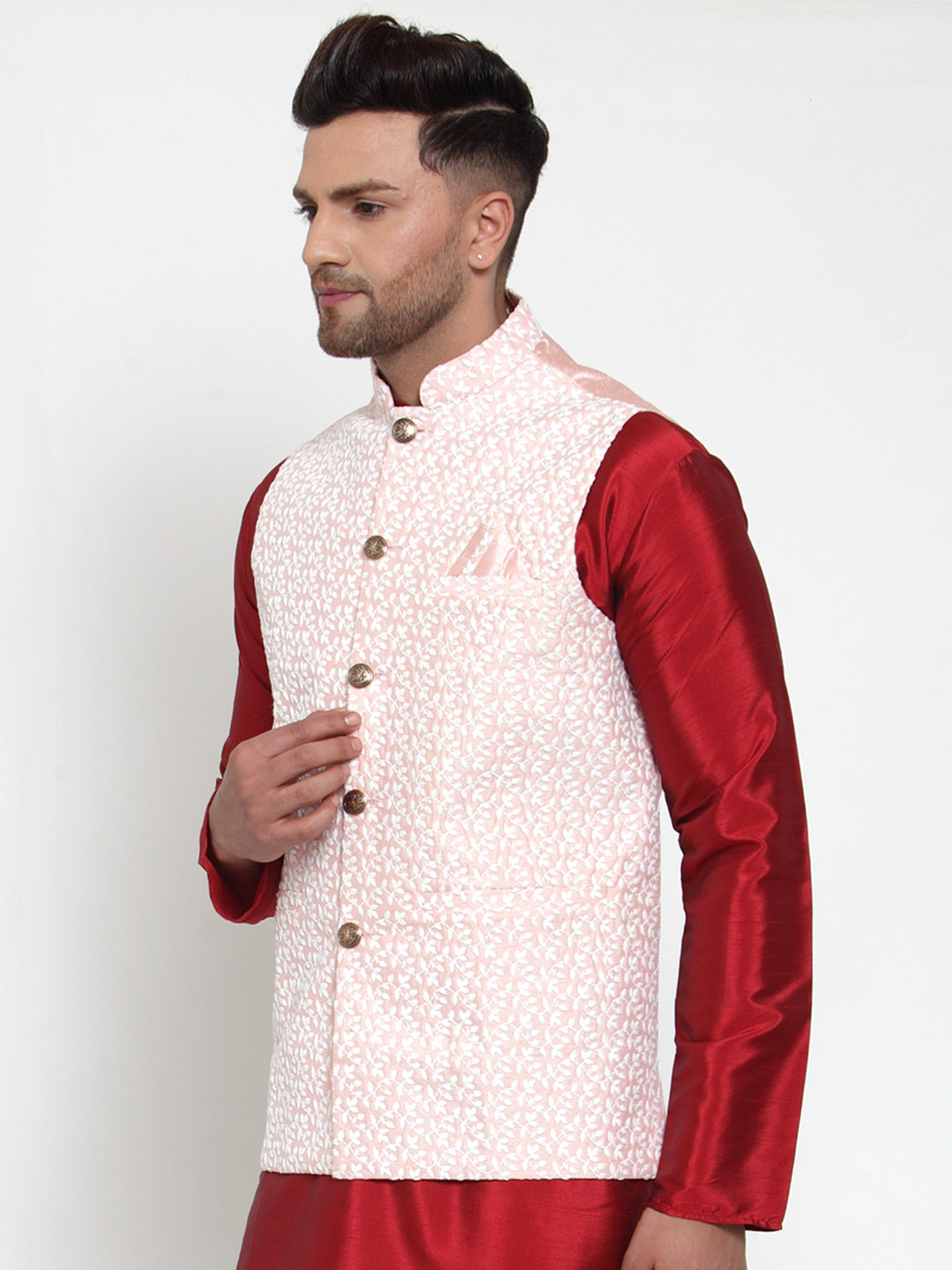 Men's Pink Embroidered Nehru Jacket ( JOWC 4012Pink ) - Virat Fashions