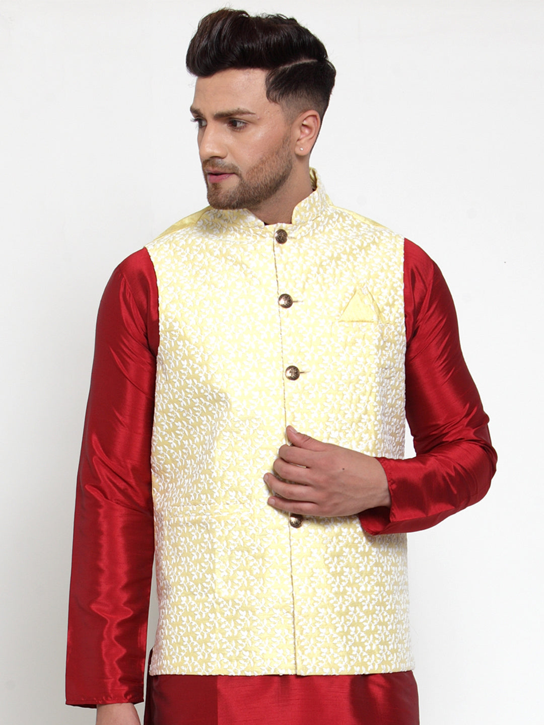 Men's Yellow Embroidered Nehru Jacket ( JOWC 4012Yellow ) - Virat Fashions