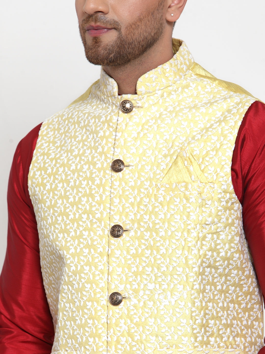 Men's Yellow Embroidered Nehru Jacket ( JOWC 4012Yellow ) - Virat Fashions
