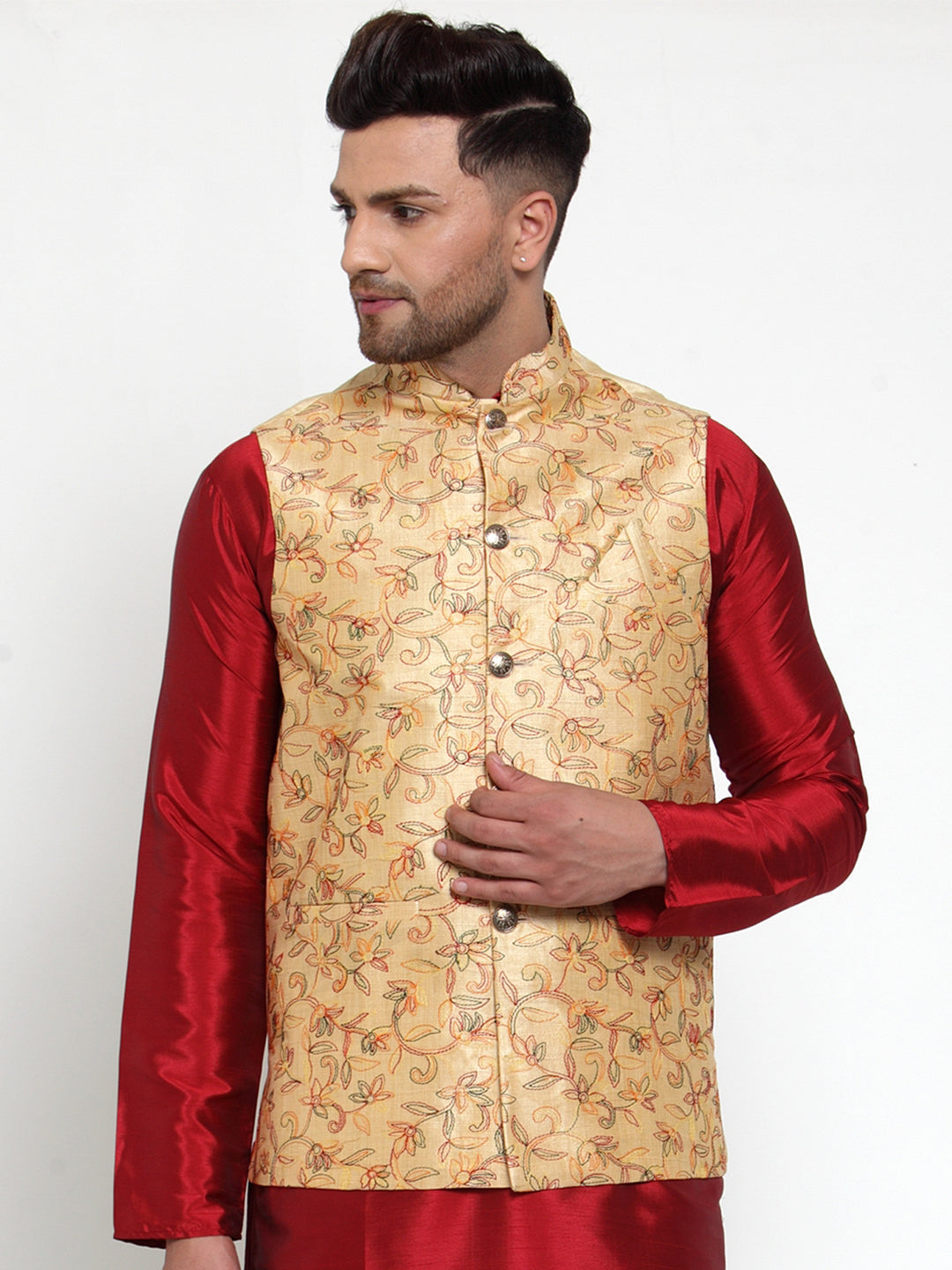 Men's Gold Embroidered Nehru Jacket ( JOWC 4013Golden ) - Virat Fashions