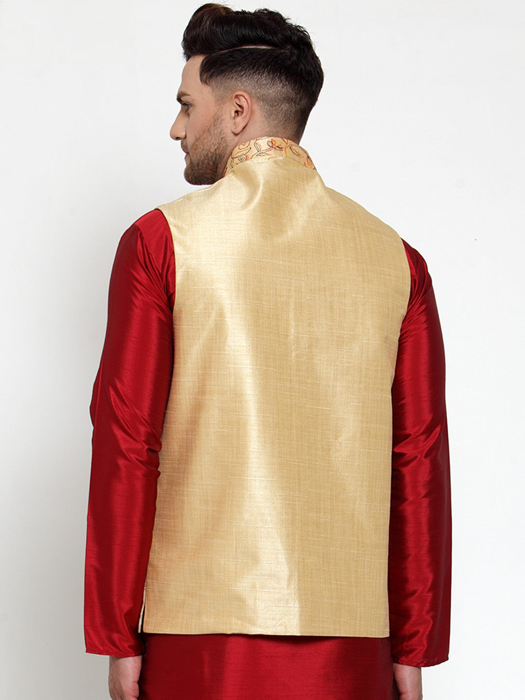 Men's Gold Embroidered Nehru Jacket ( JOWC 4013Golden ) - Virat Fashions