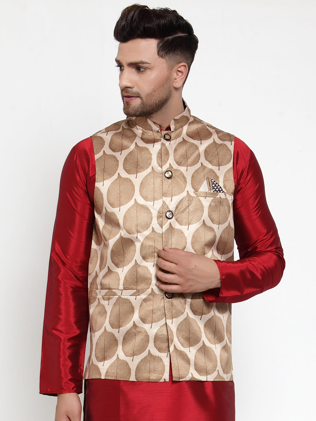 Men's Brown Printed Nehru Jacket ( JOWC 4014Brown ) - Virat Fashions