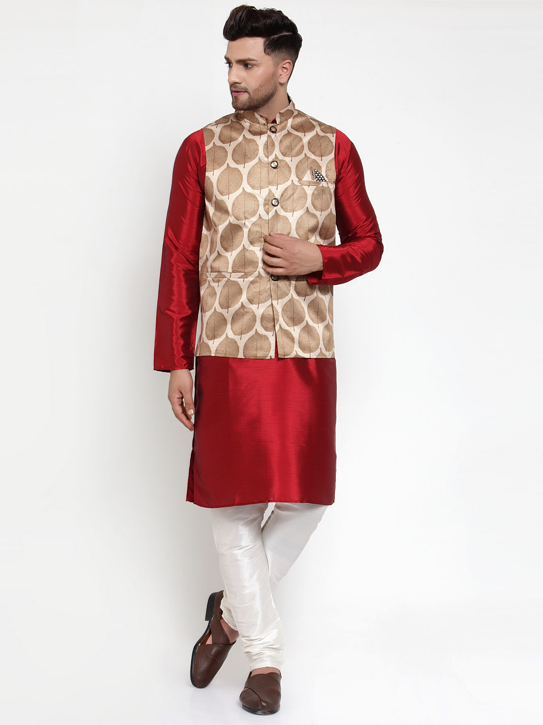 Men's Brown Printed Nehru Jacket ( JOWC 4014Brown ) - Virat Fashions