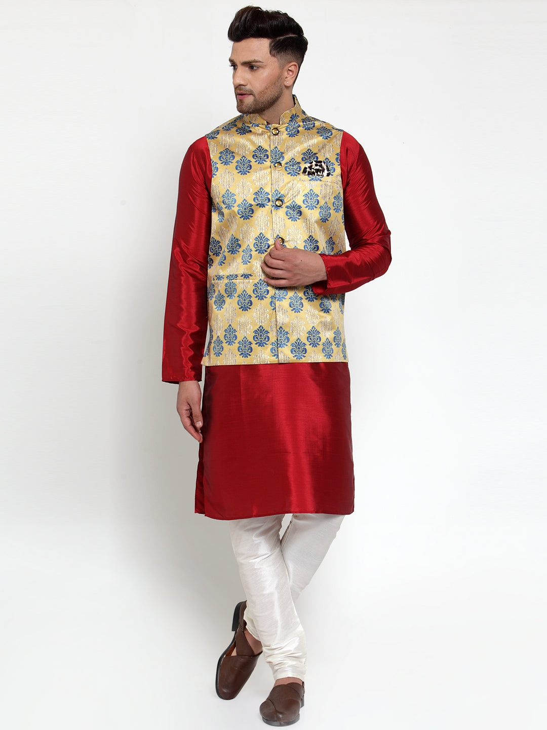 Men's Gold Printed Nehru Jacket ( JOWC 4014Golden ) - Virat Fashions