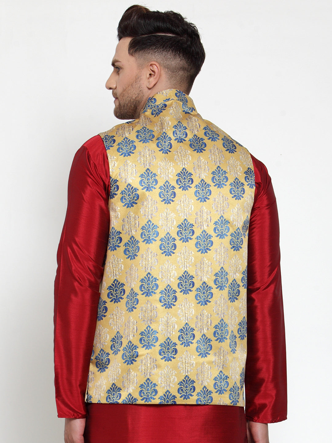 Men's Gold Printed Nehru Jacket ( JOWC 4014Golden ) - Virat Fashions