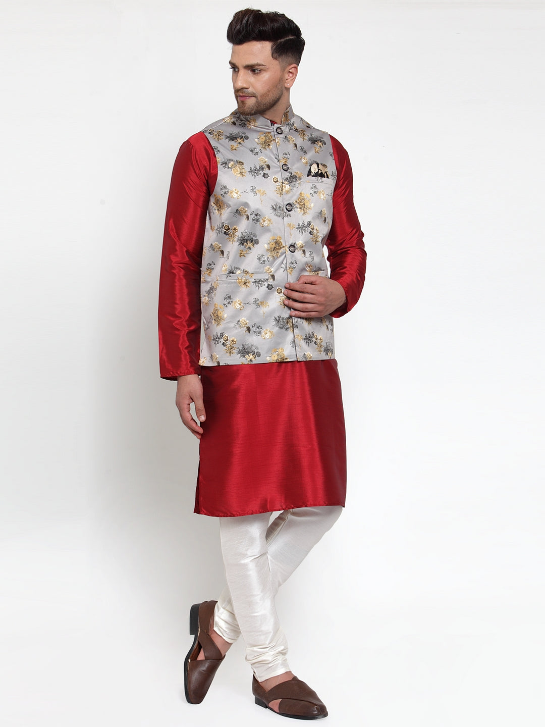 Men's Grey Printed Nehru Jacket ( JOWC 4014Grey ) - Virat Fashions